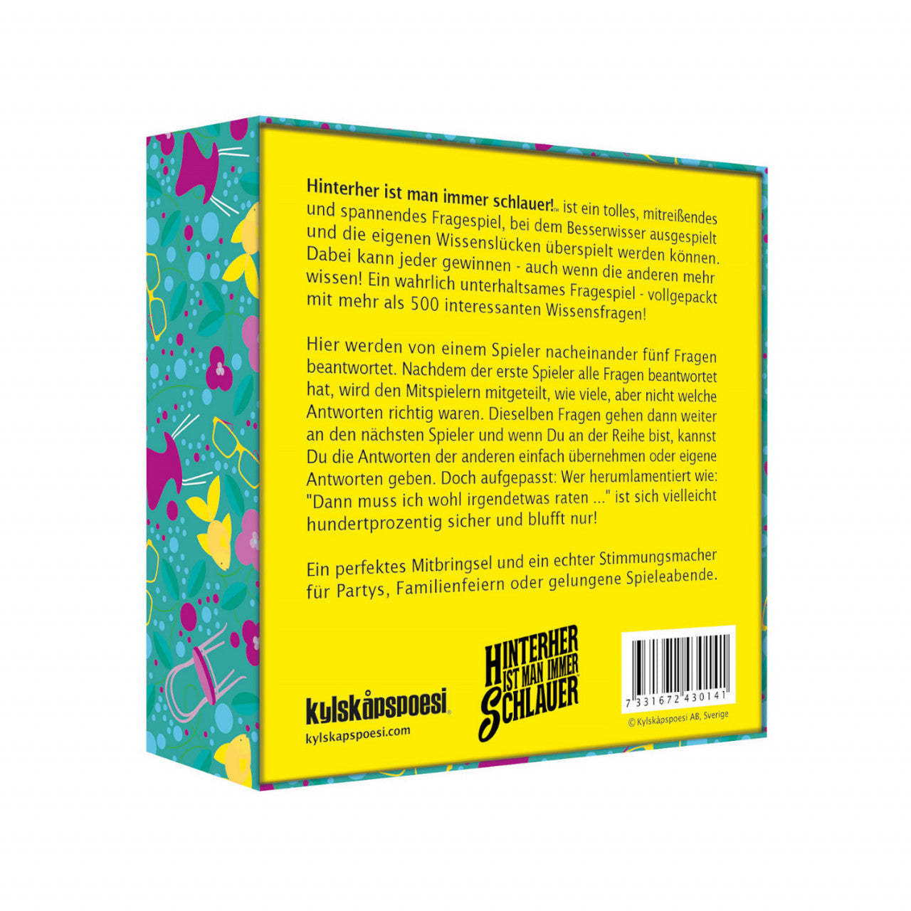 Die Rückseite einer bunten Fragespiel-Box mit deutschem Text, verspielten Symbolen an den Seiten und jeder Menge Wissensfragen für jeden Besserwisser.