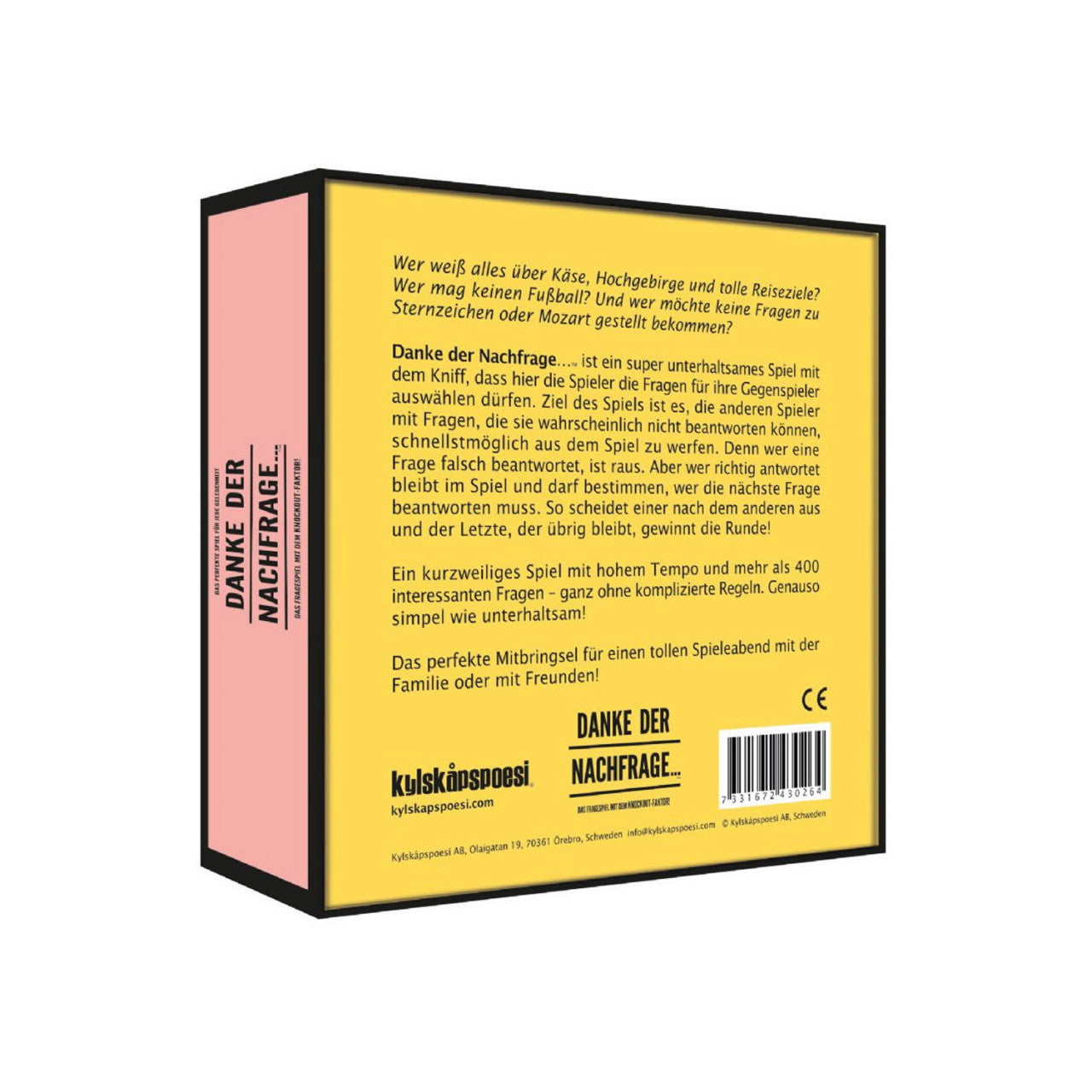Gelbe Spieleschachtel mit deutschem Text, betitelt „Danke der Nachfrage“, dargestellt aus der schrägen Seiten- und Rückansicht – perfekt als unterhaltsames Spiel für jeden Spieleabend.