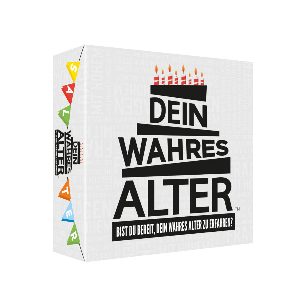 Eine deutsche Brettspielbox mit Kerzen und dem Text DEIN WAHRES ALTER auf der Vorderseite – perfekt als lustiges Spiel oder einzigartiges Geburtstagsgeschenk, um Ihr wahres Alter zu enthüllen.