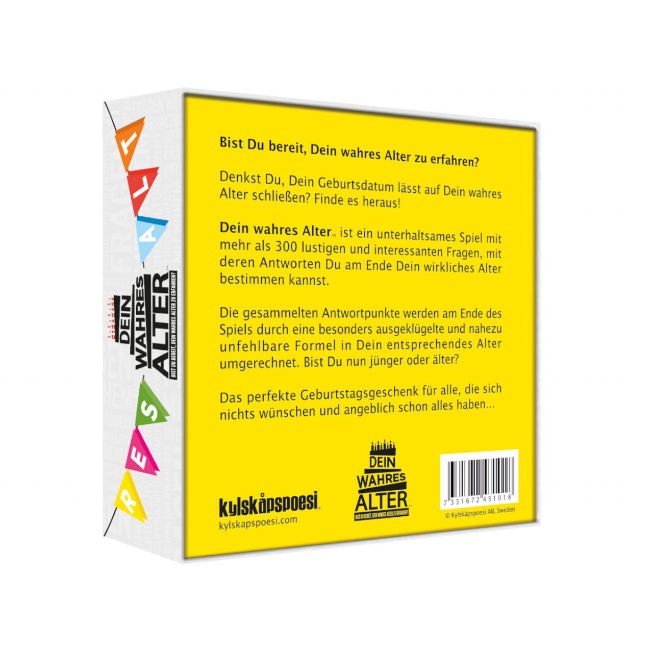 Rückseite einer deutschen Partyspielschachtel mit einem Erklärungstext zu „Das lustige Spiel“, bunten Laschen und einem gelben Hintergrund – perfekt als Geburtstagsgeschenk für alle, die gerne das wahre Alter erraten!.