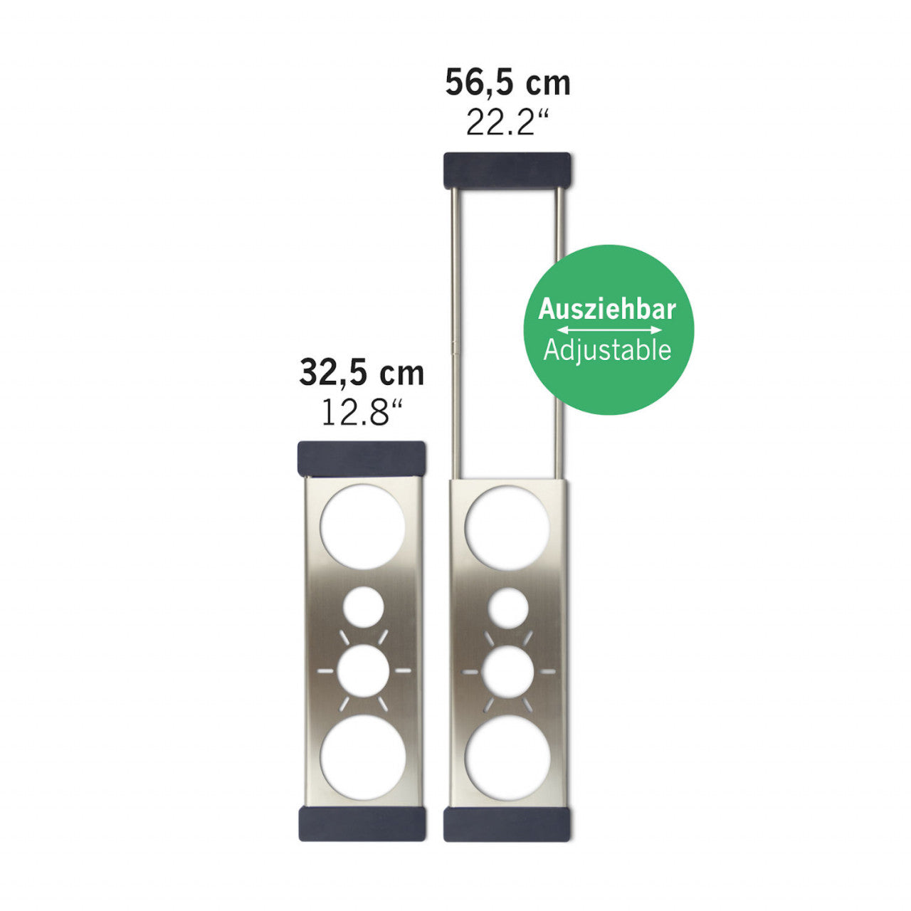Zwei verstellbare Metallhalter, ausziehbar von 32,5 cm (12,8) bis 56,5 cm (22,2), mit kreisförmigen Aussparungen – perfekt für Ihre Abtropfstation oder jedes Drip.it-Setup.