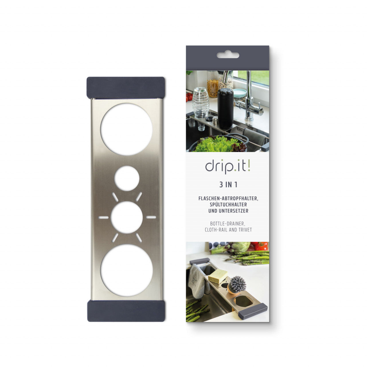 Flaschenhalter aus Metall und Verpackung mit Spülbecken-Anwendungsbildern und dem Text Drip.it! 3 in 1 auf der Box – Ihre stylische Abtropfstation mit praktischem Edelstahleinsatz zum effizienten Trocknen.