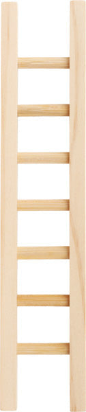 Eine einfache Holzleiter mit gleichmäßig verteilten Sprossen, die an US-amerikanische Pferdestallungen oder eine rote Holzscheune erinnert, von vorne betrachtet vor weißem Hintergrund.