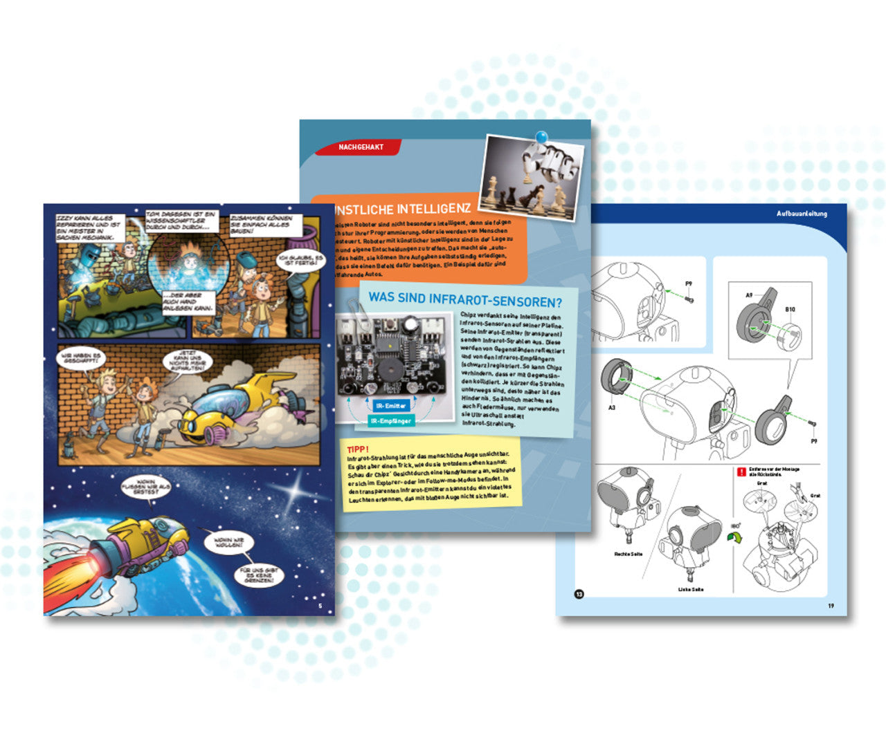 Drei Seiten mit Comics, Text und Chipz - Dein intelligenter Roboter-Bausatz für Kinder.