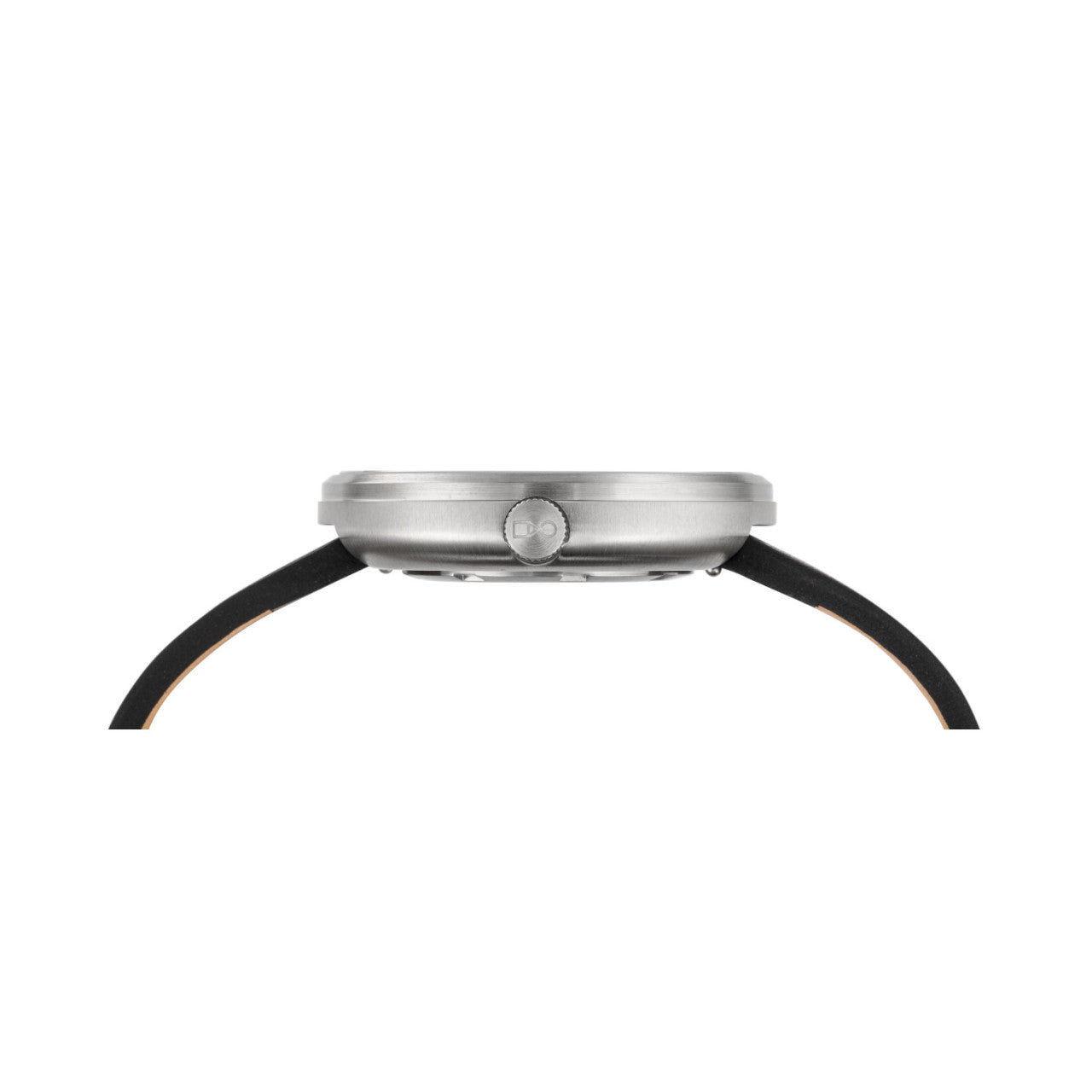 Seitenansicht einer Walter Gropius Uhren Centum-Armbanduhr mit silbernem Gehäuse und schwarzem Armband, die klassisches Bauhaus-Design vor weißem Hintergrund zeigt.