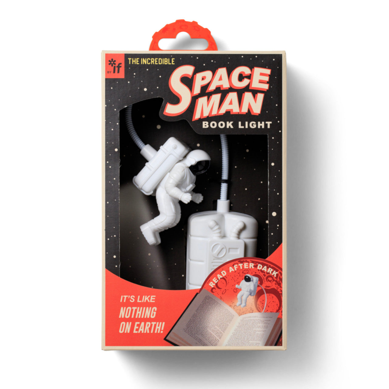 Kartonverpackung für die Space Man-Buchlampe mit einer Leselampe in Astronautenform mit LED-Lichtstrahl und kosmischem Design.