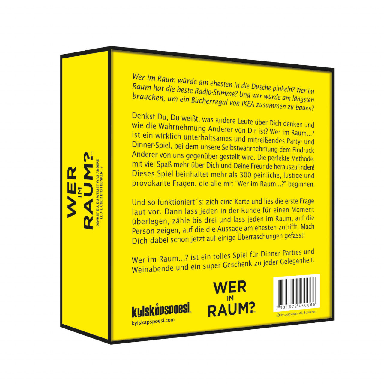 Eine gelb-schwarze Spielebox mit dem Titel WER IM RAUM? Mit Beschreibungstext auf der Rückseite in deutscher Sprache, der auf ein Partyspiel voller lustiger Fragen und Selbsteinschätzung hinweist.