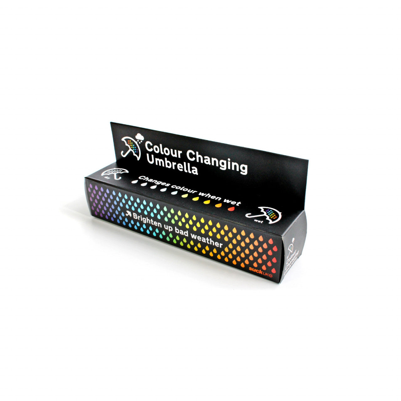 Schwarze Box für Regenschirm - Farbwechsel mit Regenbogen Regentropfen Design.