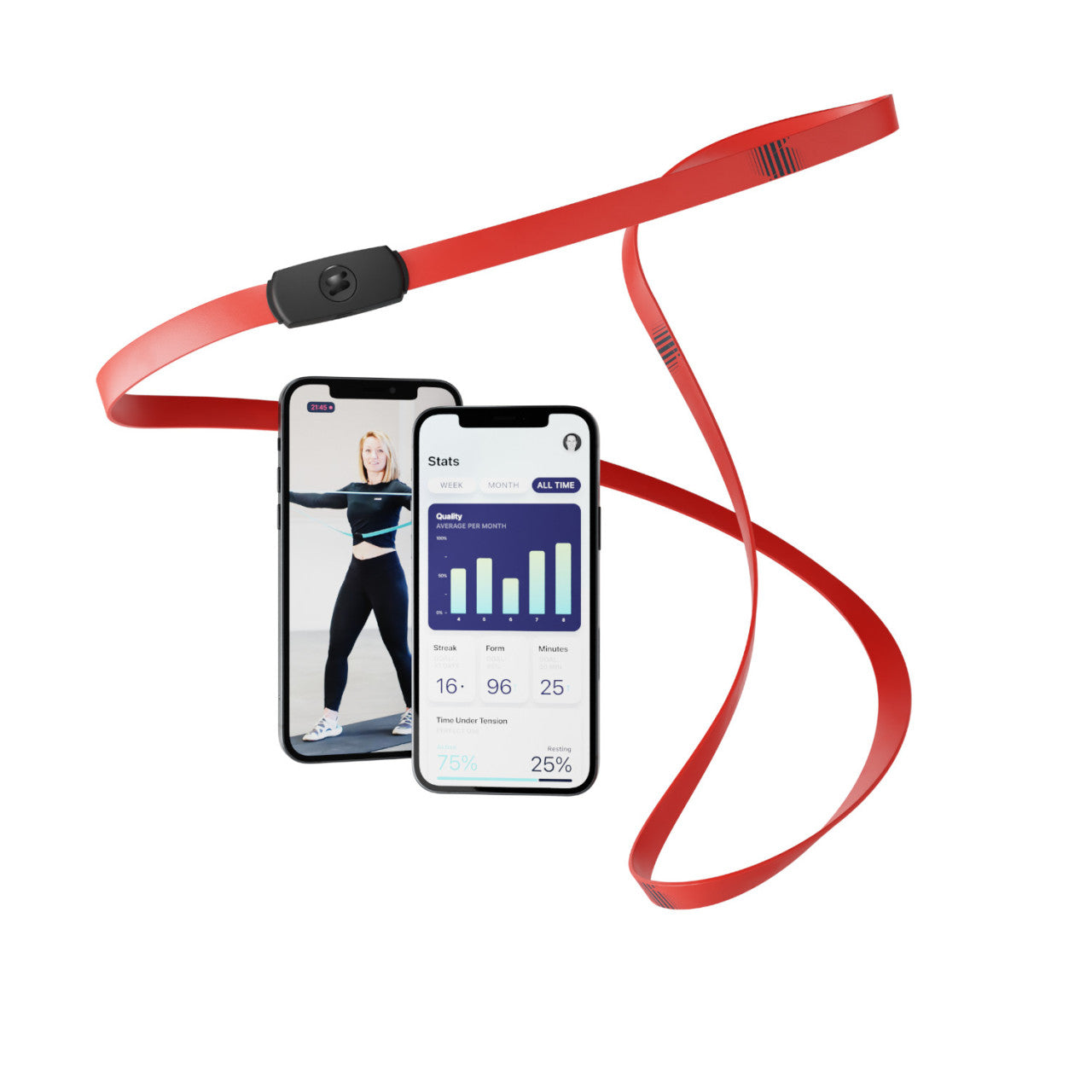 Rotes Fitnessband mit Sensor, daneben zwei Smartphones mit Smartes-Tracking-Statistiken und eine Frau, die das STRAFFR-Training genießt.