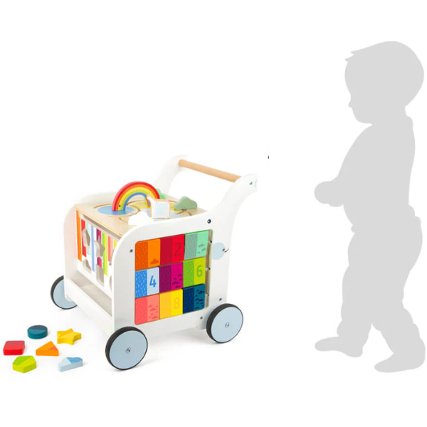Lauflern-Elefant aus Holz mit bunten Bausteinen, Formen, Tafelfläche und Motorik-Funktionen, daneben eine Kindersilhouette.
