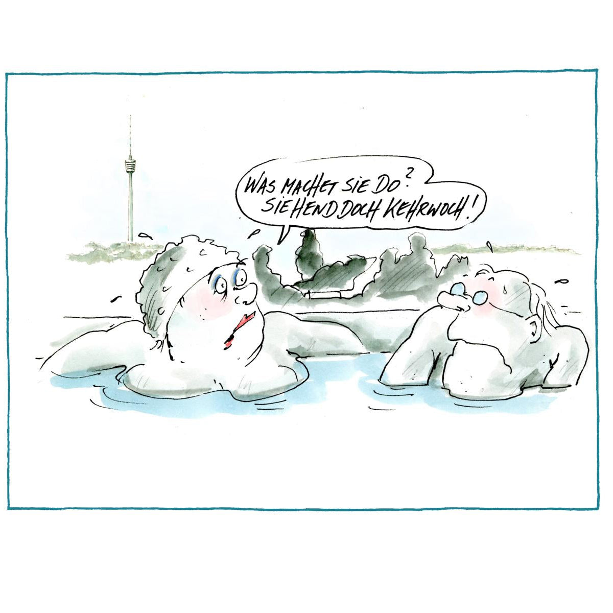 Zwei ältere Menschen unterhalten sich im Pool, dahinter Stadtansicht und Turm. In einer Sprechblase sind schwäbische Sprüche zu sehen. Dieser Kunstdruck von Peter Ruge fängt einen charmanten Moment mit regionalem Flair ein.