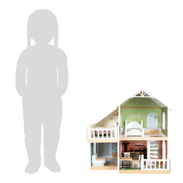 Ein Holz-Puppenhaus im modernen Wohnstil steht neben einer Kindersilhouette und zeigt, dass das fantasievolle Spielen mit einem Haus in etwa halb so hoch wie ein Kind ist.