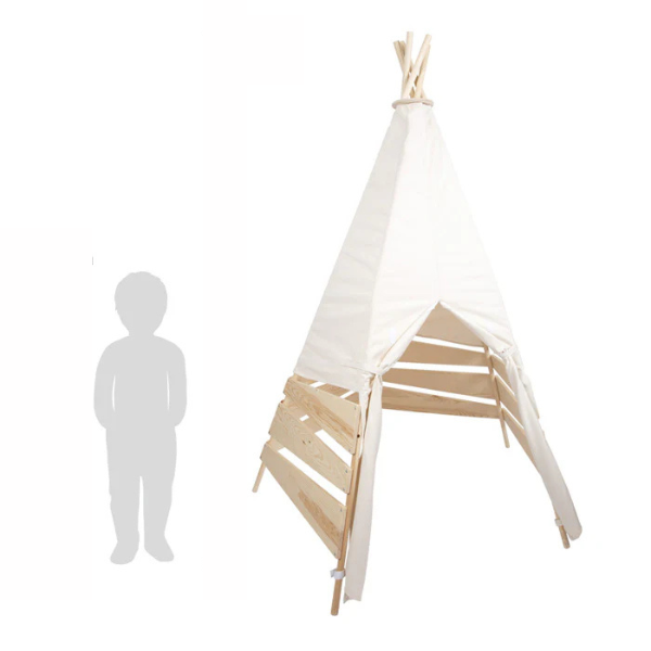 Ein Outdoor Zelt Tipi für Kinder neben einer Kindersilhouette.