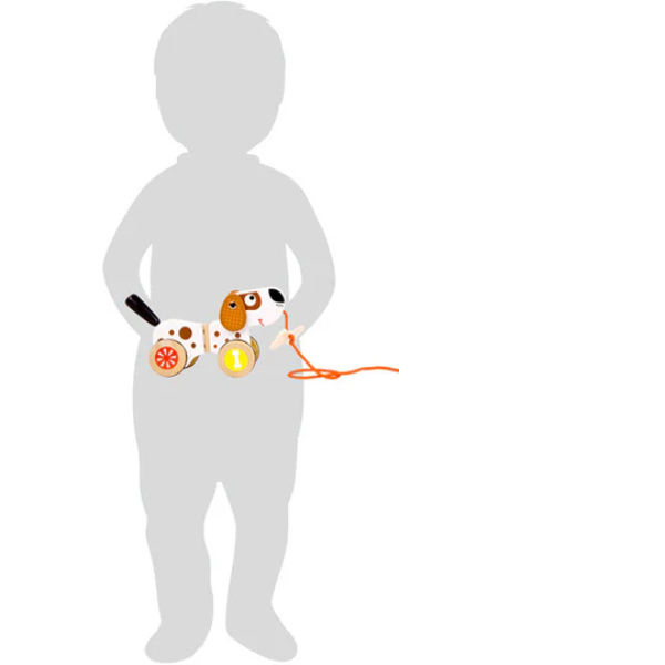 Silhouette eines Kindes, das einen Zieh-Hund mit kindgerechtem Design und geräuscharmen Rollen hält.