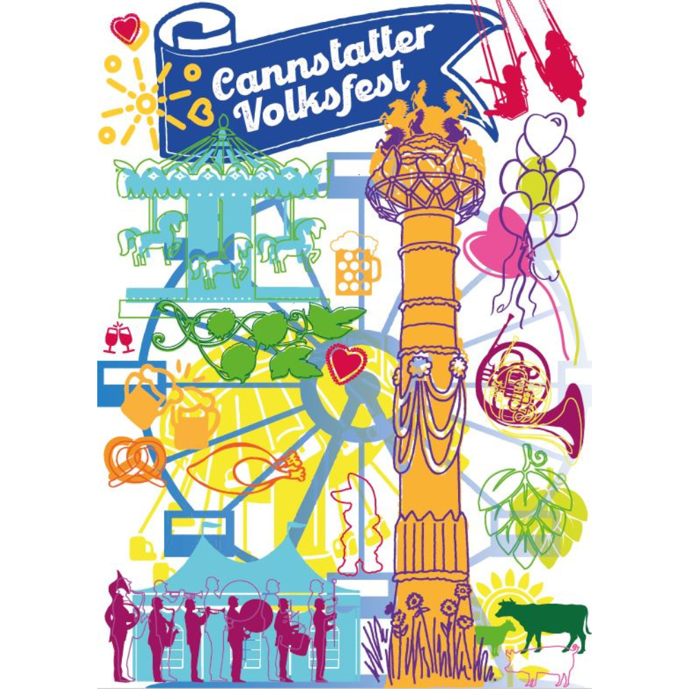 Kunstdruck zum Cannstatter Volksfest mit Riesenrad, Band und Fest-Symbolen.