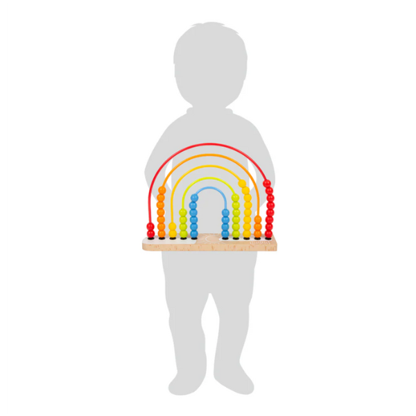 Eine Kindersilhouette, die eine bunte Motorikschleife mit roten, gelben und blauen Perlen hält – perfekt als Lernspielzeug oder Kinderzimmerdekoration.