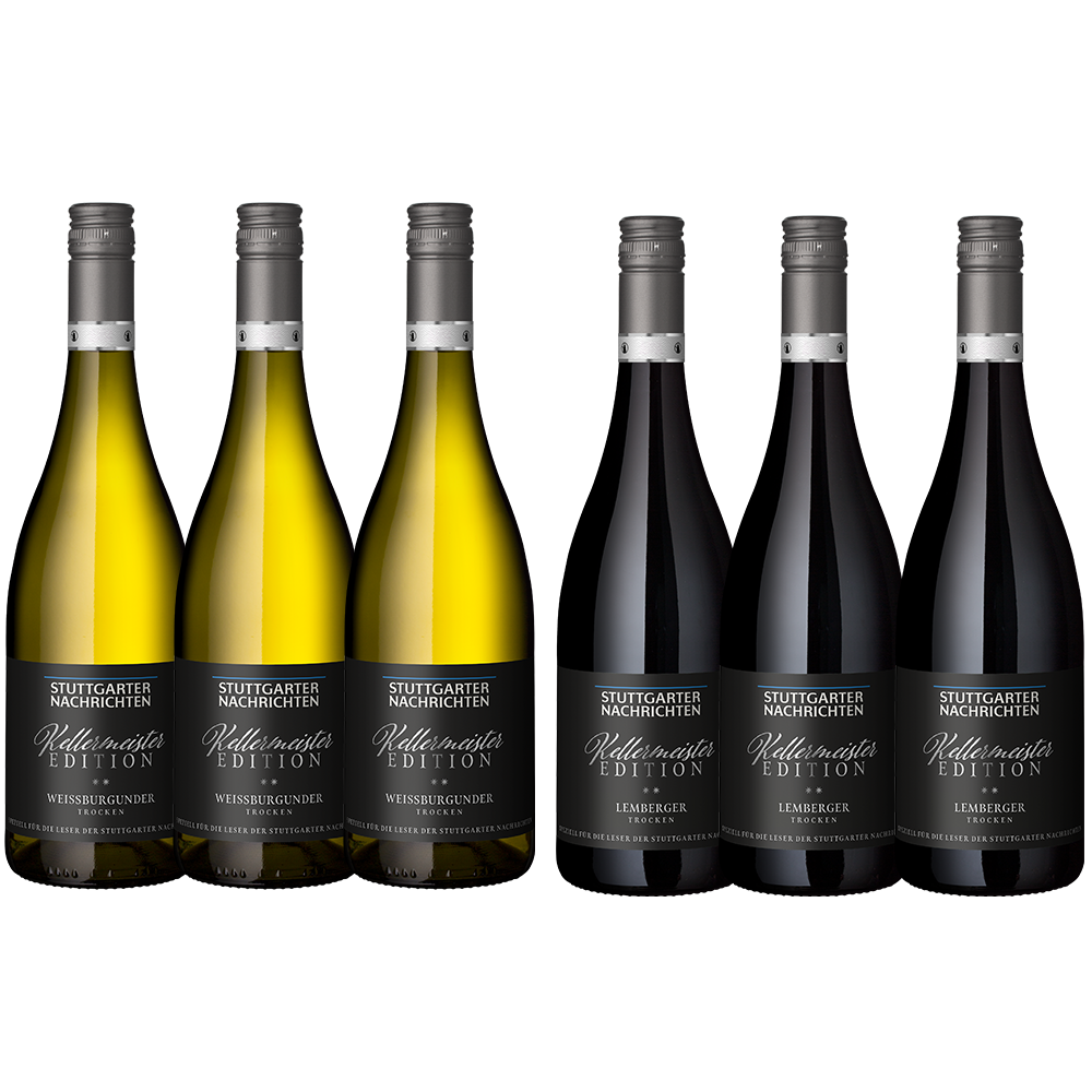 Sechs Flaschen – drei weiße, drei rote – aus der Stuttgarter Nachrichten Weinedition 2024, Paket Lemberger + Weißburgunder, mit Premium-Selektionen von Weinfactum Bad Cannstatt.