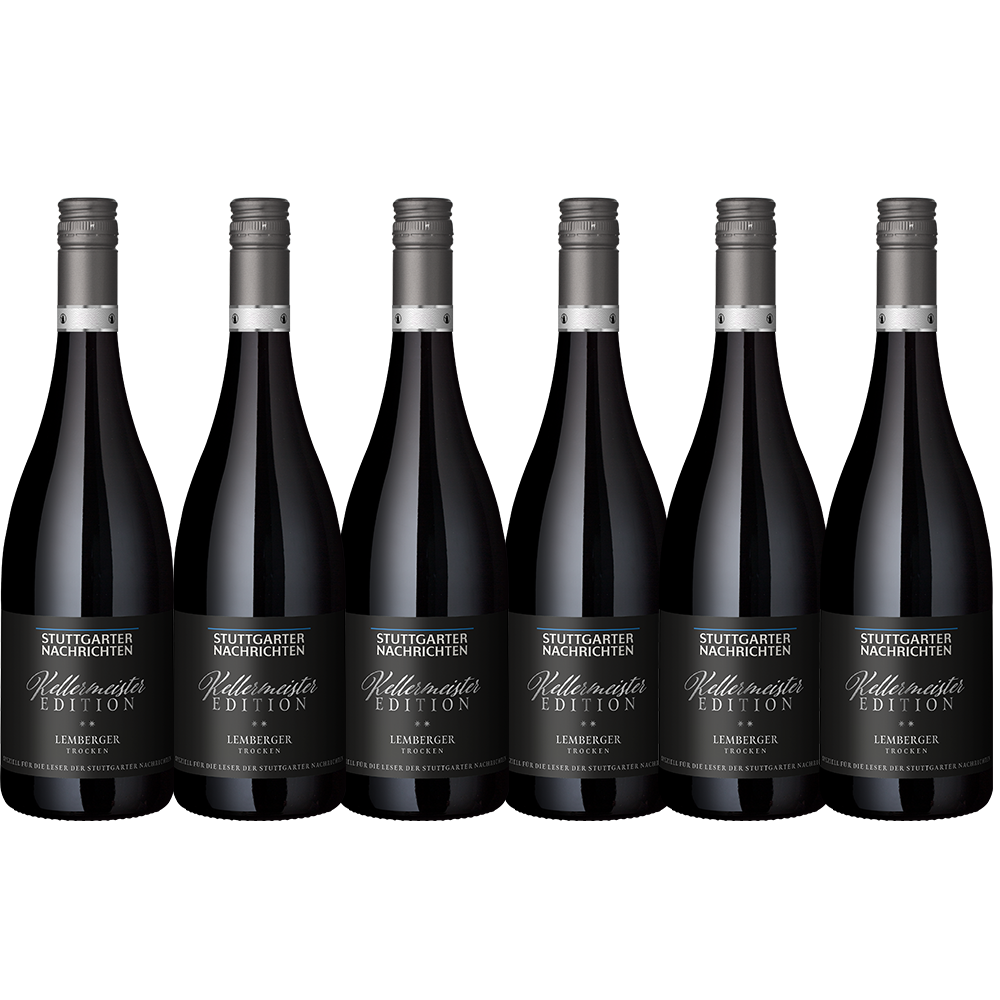 Sechs Flaschen Stuttgarter Nachrichten Weinedition 2024 – 6er-Paket Lemberger sind in einer Reihe vor weißem Hintergrund angeordnet.