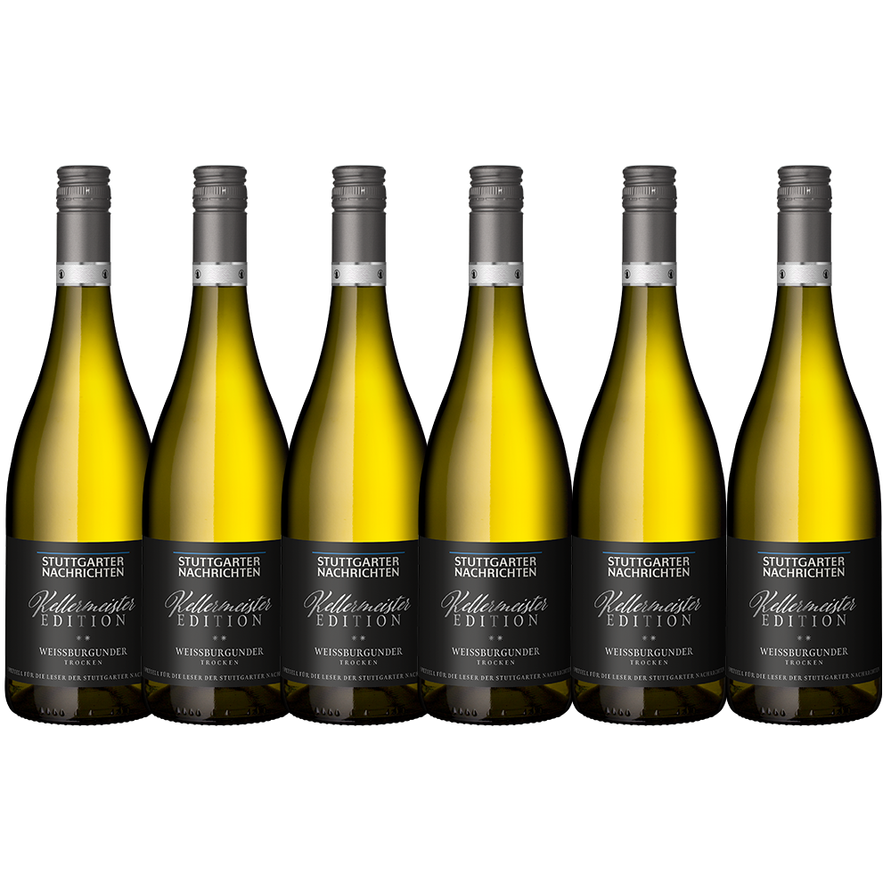 Sechs Flaschen Stuttgarter Nachrichten Weinedition 2024 - 6er-Paket Weißburgunder aus der renommierten Weinlage Cannstatter Zuckerle stehen in einer Reihe.