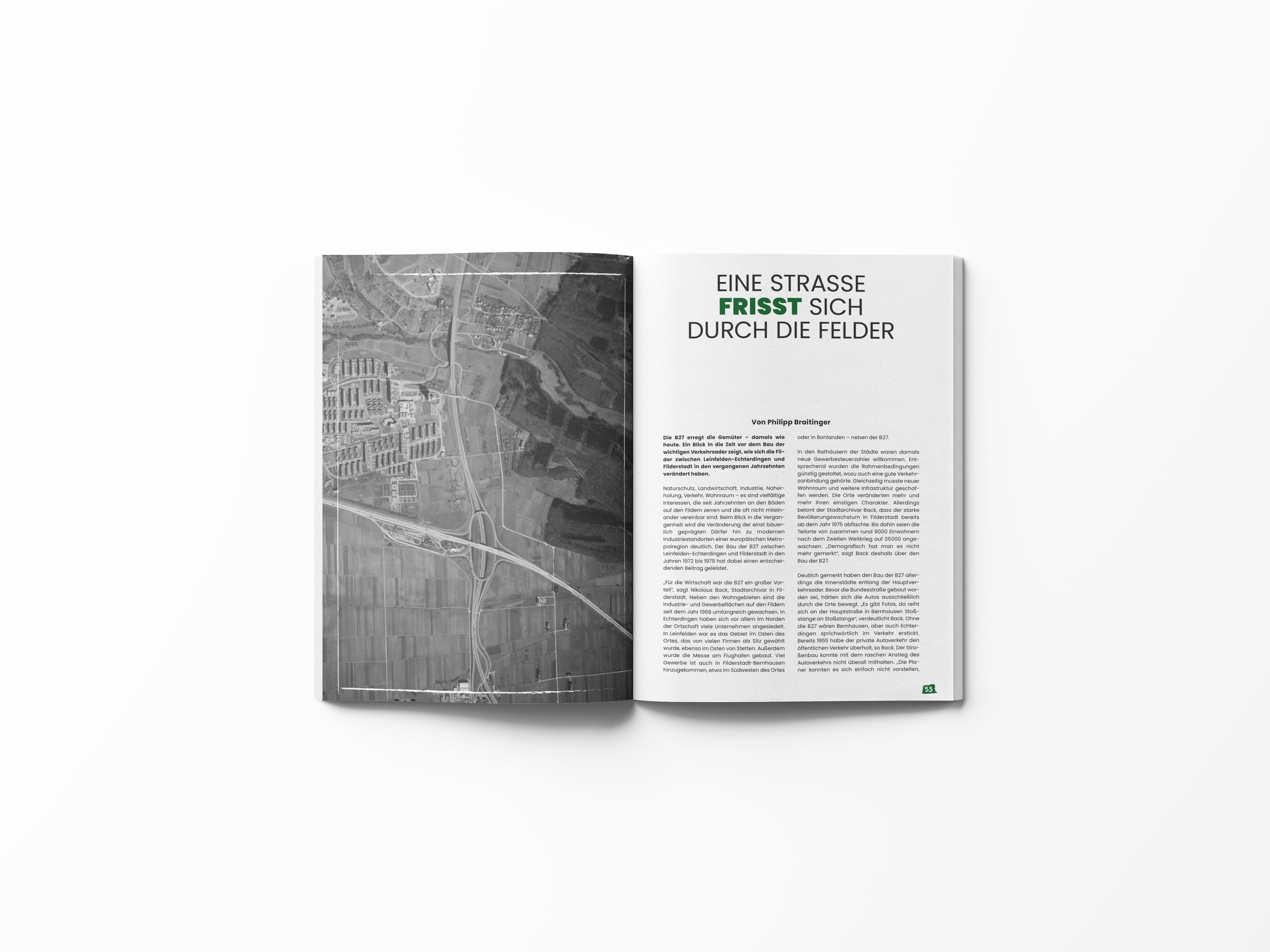 Öffnen Sie das Luftbildermagazin mit einem Schwarz-Weiß-Luftbild von Stuttgart auf der linken Seite und einem deutschen Text zur Regionsentwicklung auf der rechten Seite.