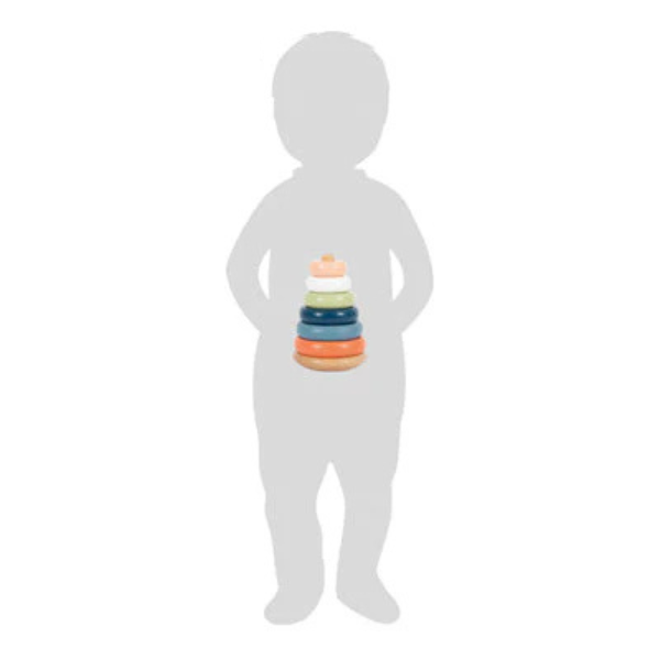 Silhouette eines Kindes, das einen bunten Stapelturm hält, Motorikspielzeug aus FSC-zertifiziertem Holz.