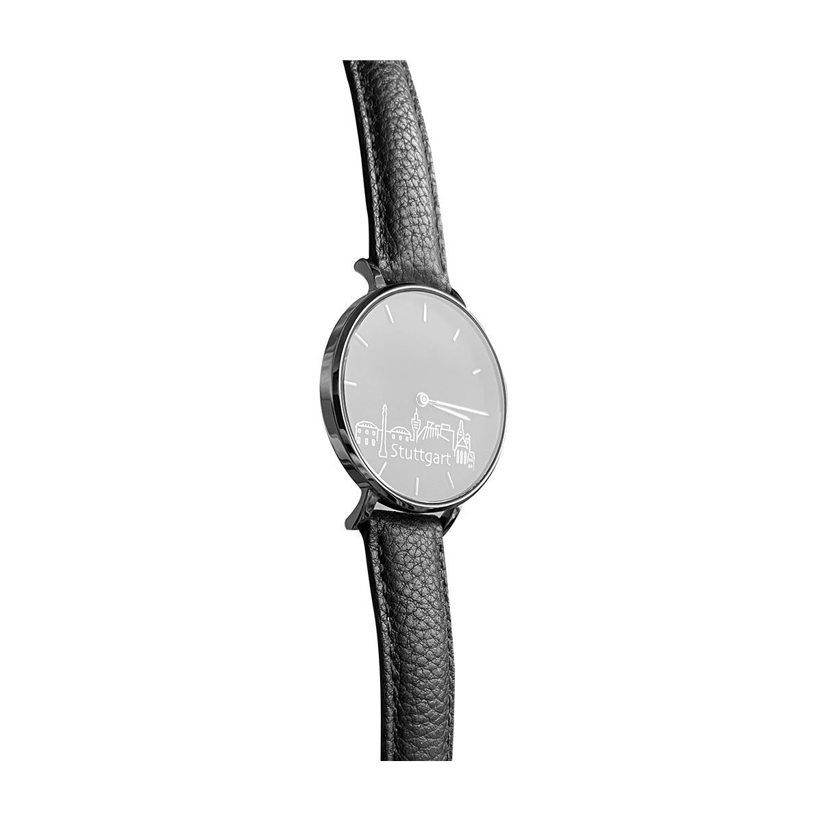 Minimalistische Städte-Uhr mit schwarzem Lederarmband und einer eleganten Stuttgart-Skyline auf dem silbernen Zifferblatt.
