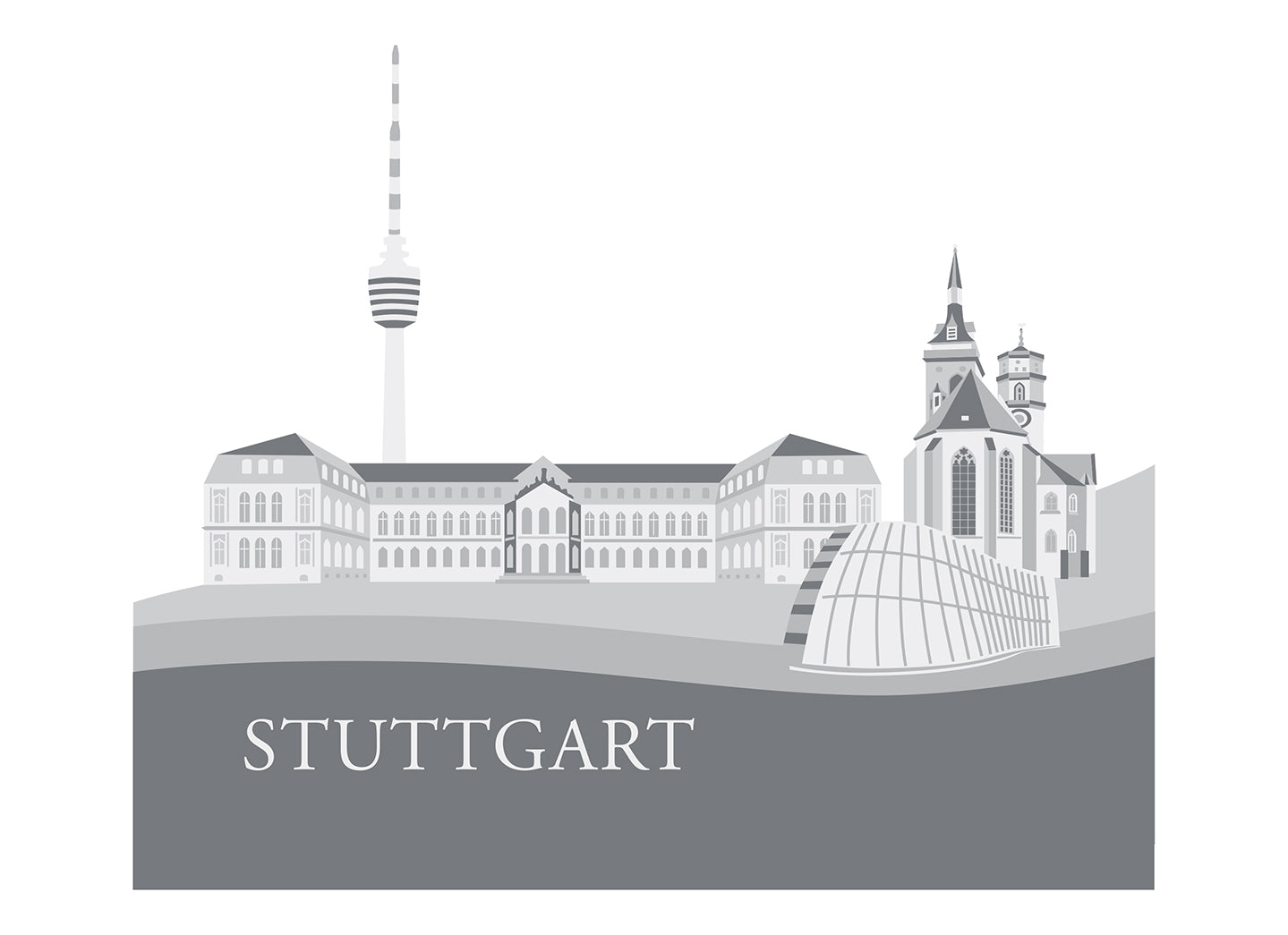 Monochrome Illustration des Stuttgarter Panoramas mit historischen Gebäuden und dem hohen Fernsehturm – perfekt, um jedem Raum Stadtflair zu verleihen. Inspiriert von lokalen Sehenswürdigkeiten, ist es ideal für Stuttgart-Fans oder als stilvoller Kuscheldecken-Druck.