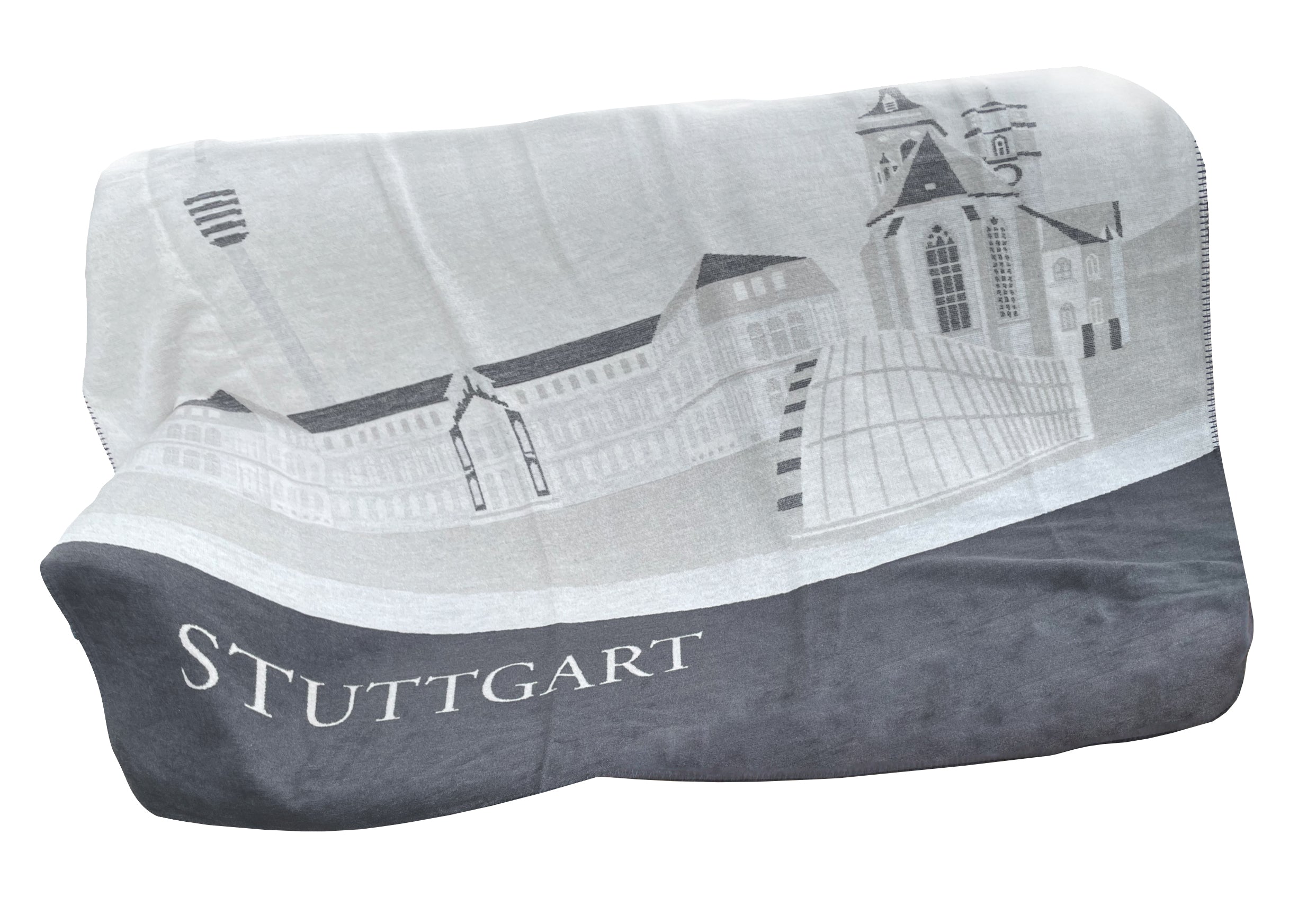 Grau-weiße Kuscheldecke mit Stuttgarter Panorama-Sehenswürdigkeiten und der Aufschrift „STUTTGART“ am unteren Rand. Hergestellt nach Ökotex Standard 100 für Komfort und Sicherheit.