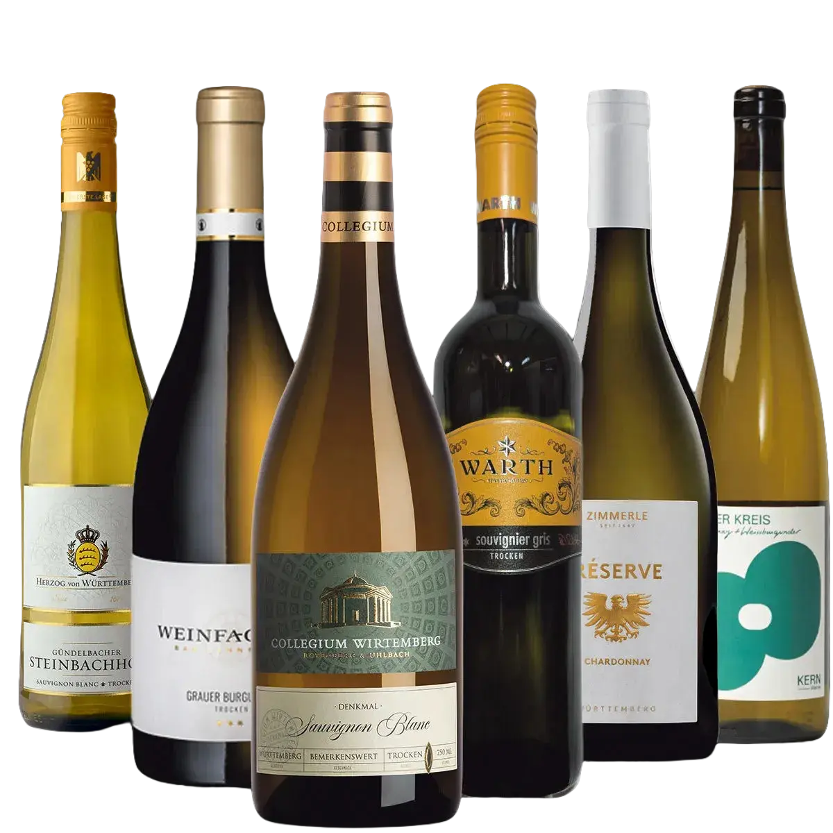 Sechs Weinpaket 4: Weißwein über 12 EUR Flaschen aufrecht auf weißem Hintergrund.