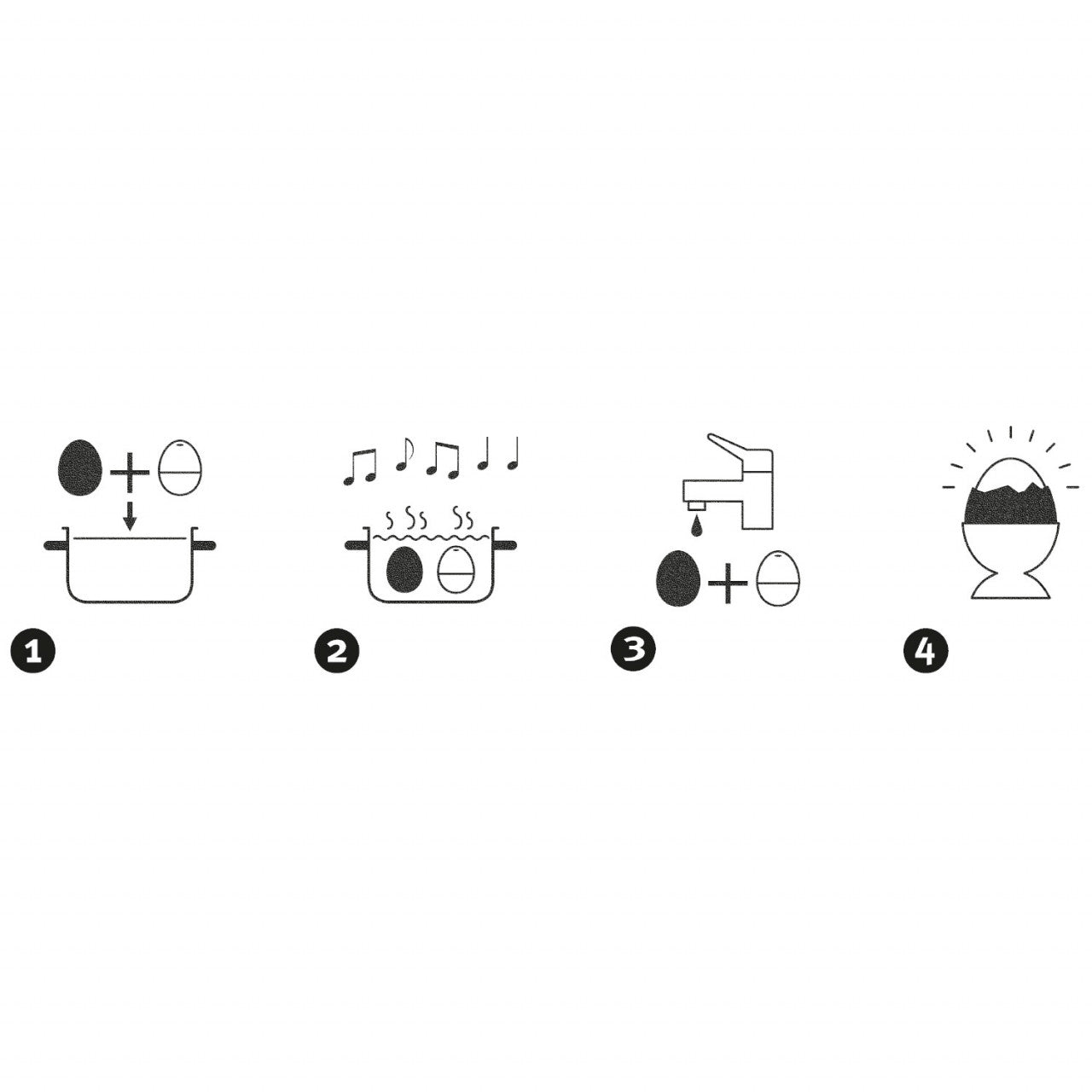 Schritt-für-Schritt-Symbole zeigen, wie man ein Ei kocht, unter Wasser abkühlt und in einem Eierbecher serviert – perfekt für Fans musikalischer Gadgets wie PiepEi Beethoven, die jedes Mal perfekt gekochte Eier haben möchten.