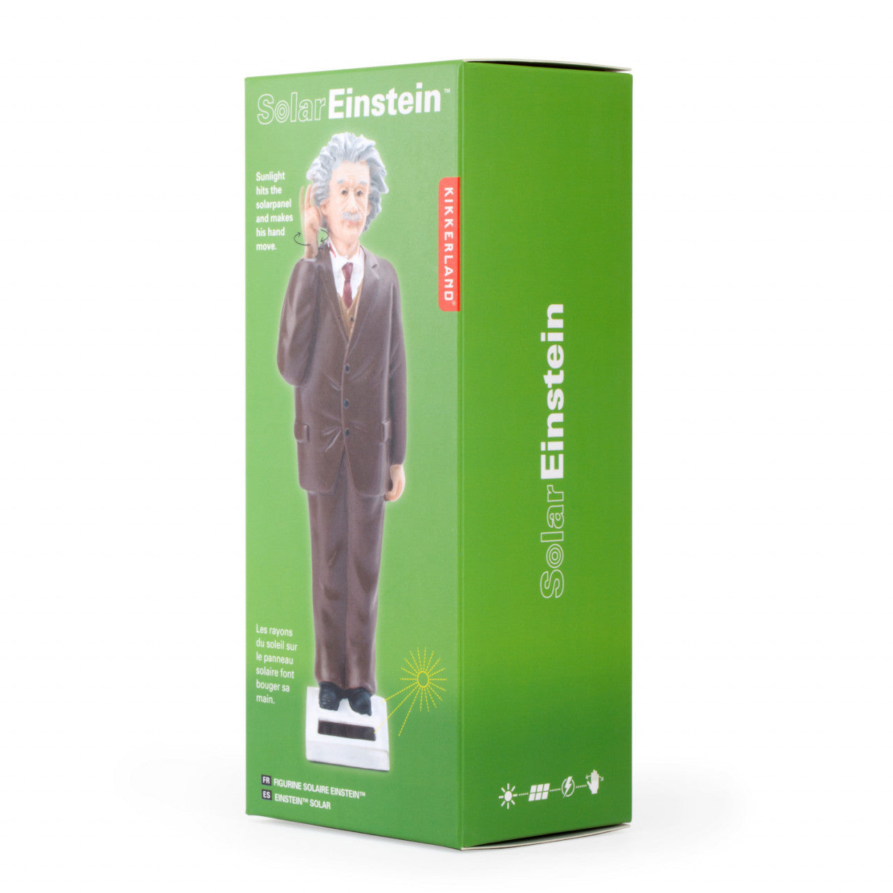 Grüne Box mit einer Figur mit der Aufschrift „Solar-Einstein“. Sie zeigt Einstein im Anzug mit erhobener Hand. Diese sammelbare Figur wird durch einen Solarantrieb angetrieben und bewegt sich bei Lichteinwirkung kontinuierlich.