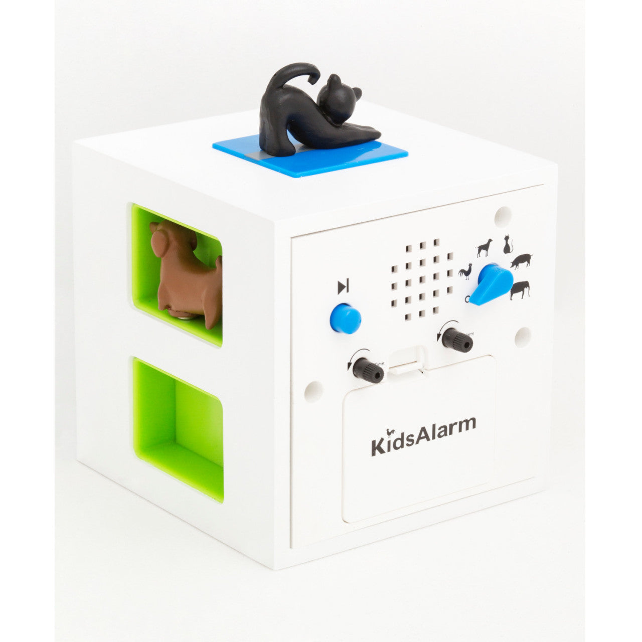 Weißer Kookoo Kinderwecker mit schwarzer Katze und Tierstimmen-Icons.