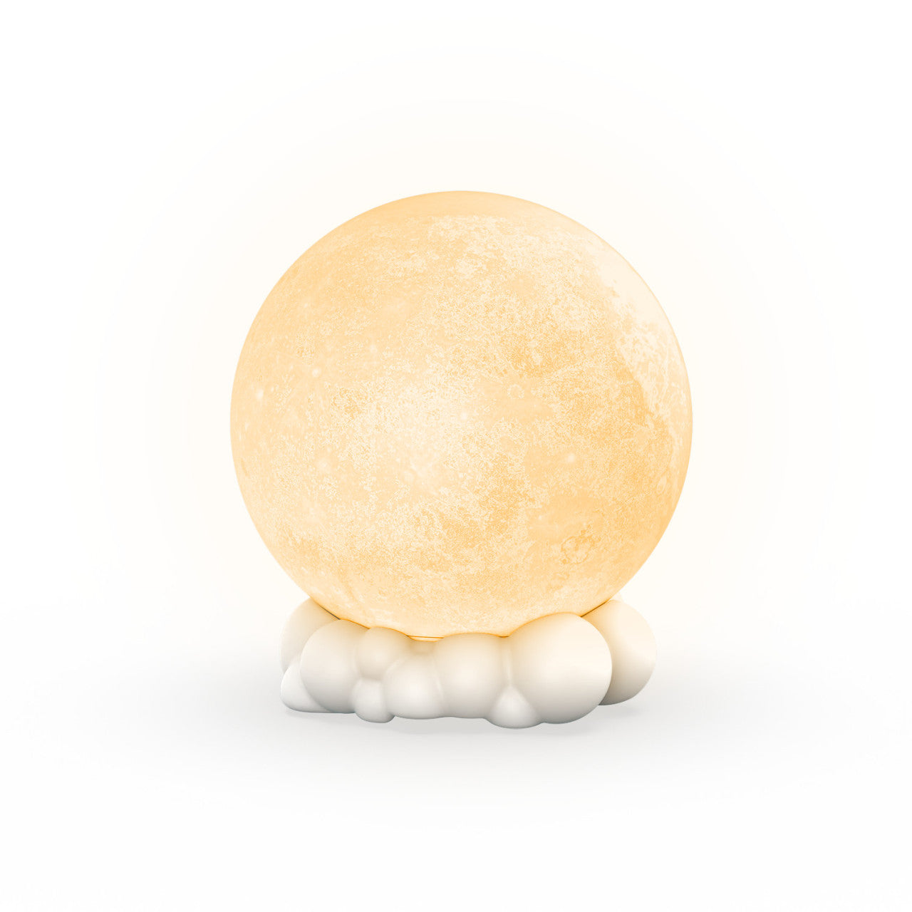 Ein leuchtendes, kugelförmiges Nachtlicht sitzt auf einer Basis aus abgerundeten weißen Formen, 3D-gedruckt, vor einem schlichten weißen Hintergrund.