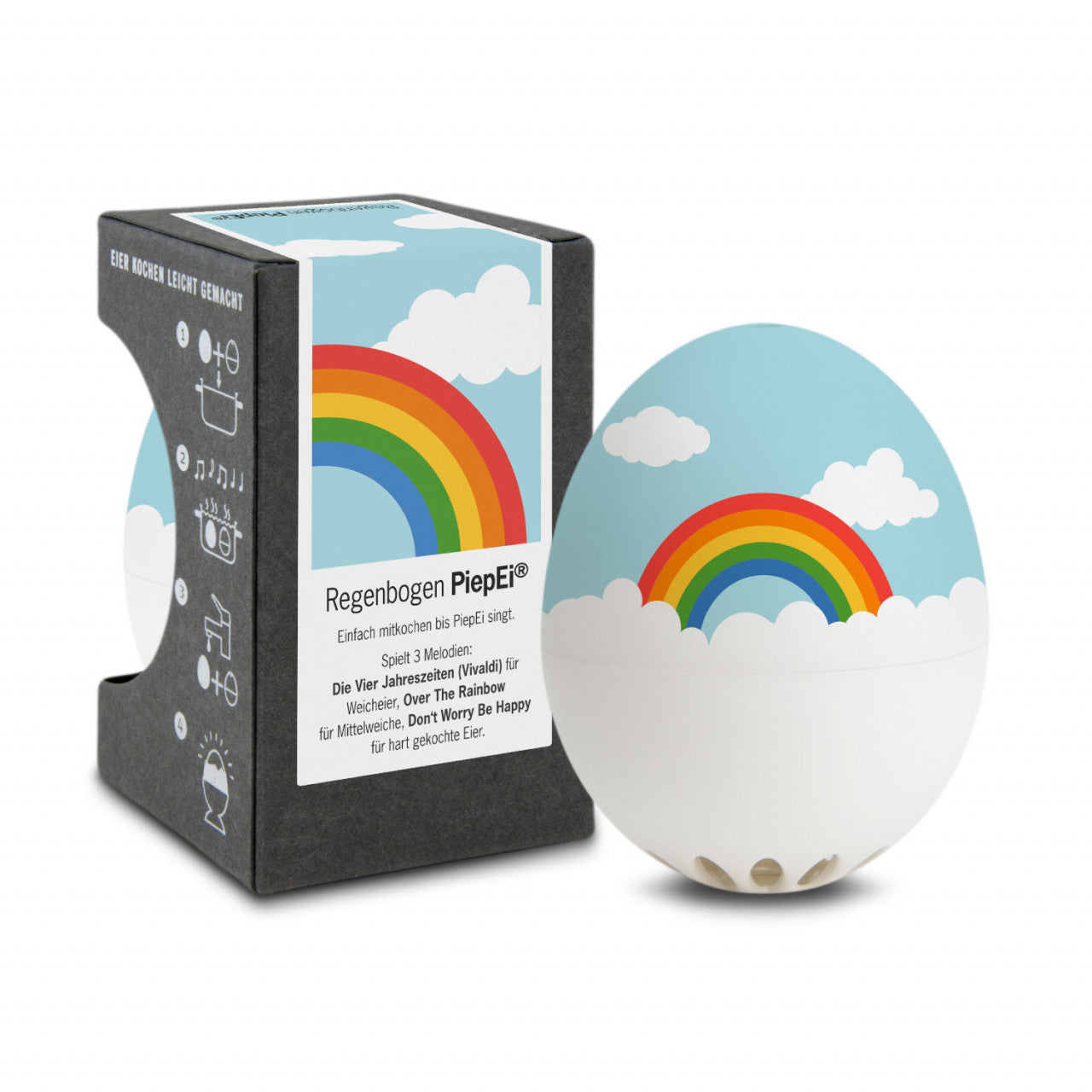 Eieruhr mit Regenbogen- und Wolkenmotiv, dazu die passende Box mit deutschem Text. Das smarte PiepEier sorgt jedes Mal für perfekt gekochte Eier – dieses Regenbogen-PiepEi ist sowohl lustig als auch praktisch!.