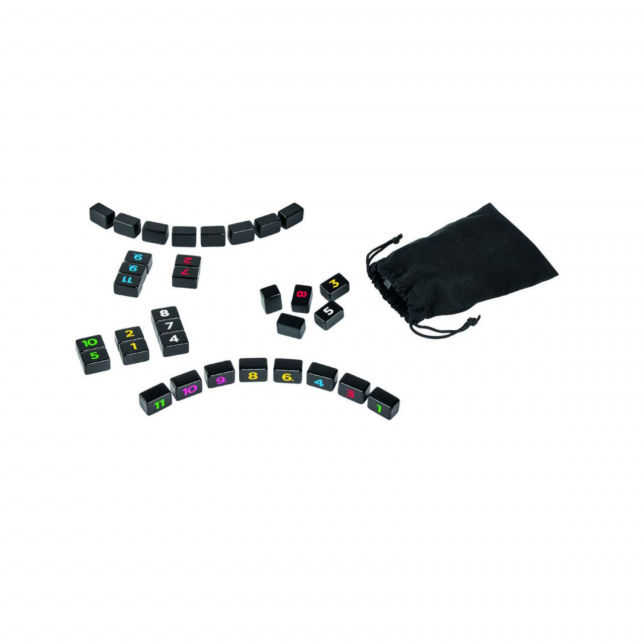 Schwarze nummerierte Spielsteine mit farbigen Zahlen in Gruppen angeordnet, daneben ein schwarzer Beutel mit Kordelzug – perfekt für ein Familienspiel wie „No Return“, bei dem jeder Zug den Spannungsbogen vergrößert.