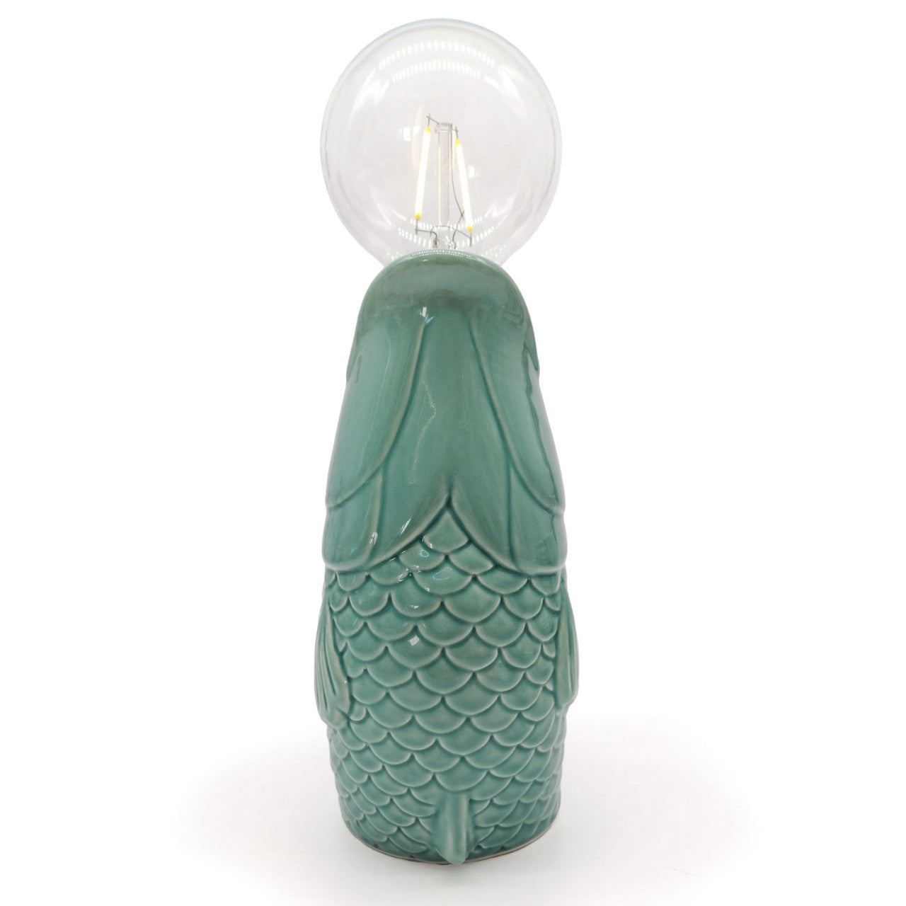 Lucia - Tischleuchte Fisch türkis, Vorderansicht mit Keramiksockel und Leuchtmittel.