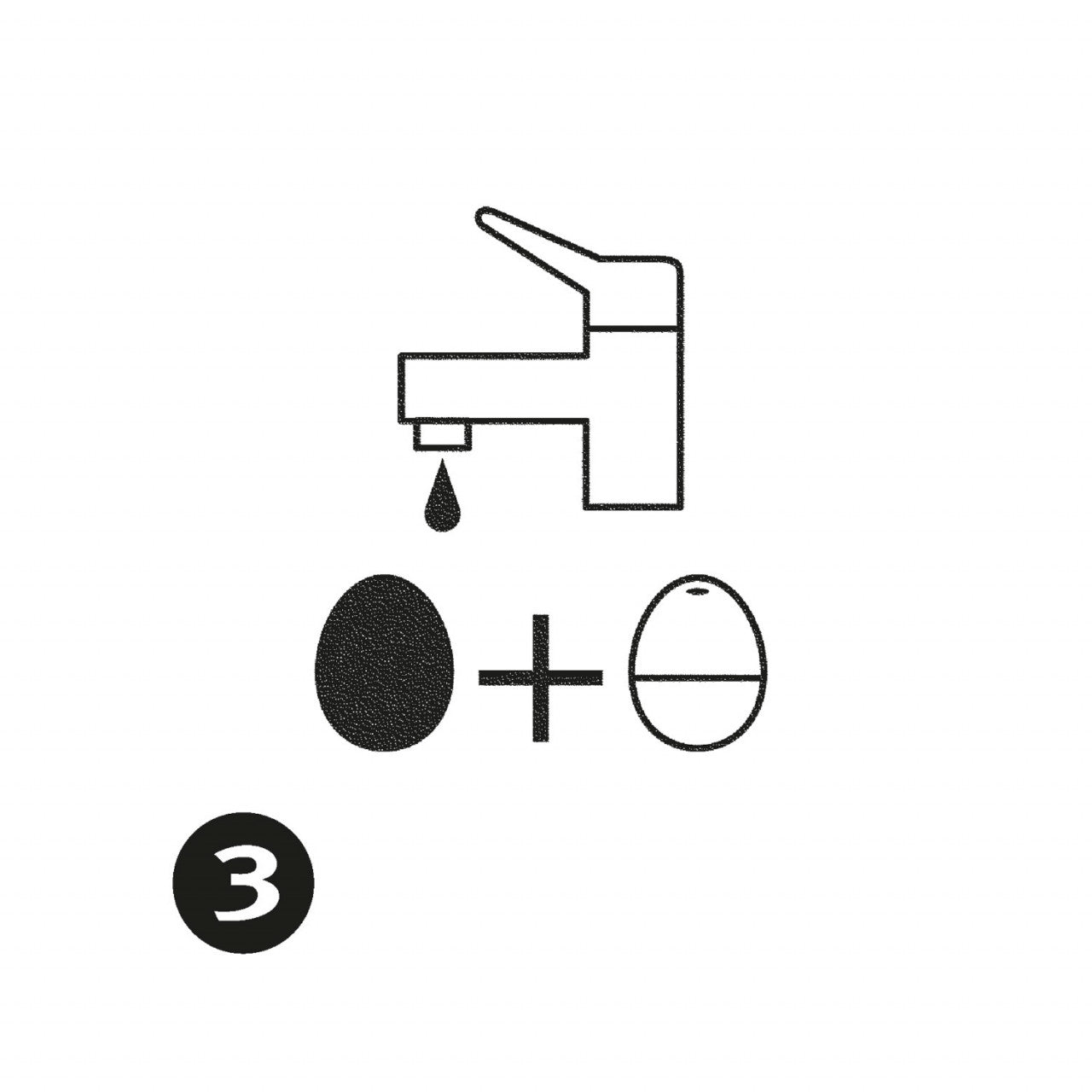 Ein Wasserhahn, aus dem Wasser über zwei Eier tropft, und ein Pluszeichen mit der Zahl 3 in einem schwarzen Kreis – ein Symbol für perfekt gekochte Eier mithilfe einer innovativen Eieruhr.