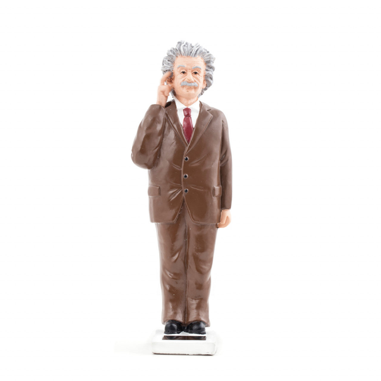 Solar-Einstein-Figur: Eine Sammlerfigur eines Mannes in einem braunen Anzug mit grauem, wildem Haar, der steht und sein Ohr berührt – perfekt für Fans sammelbarer Figuren.