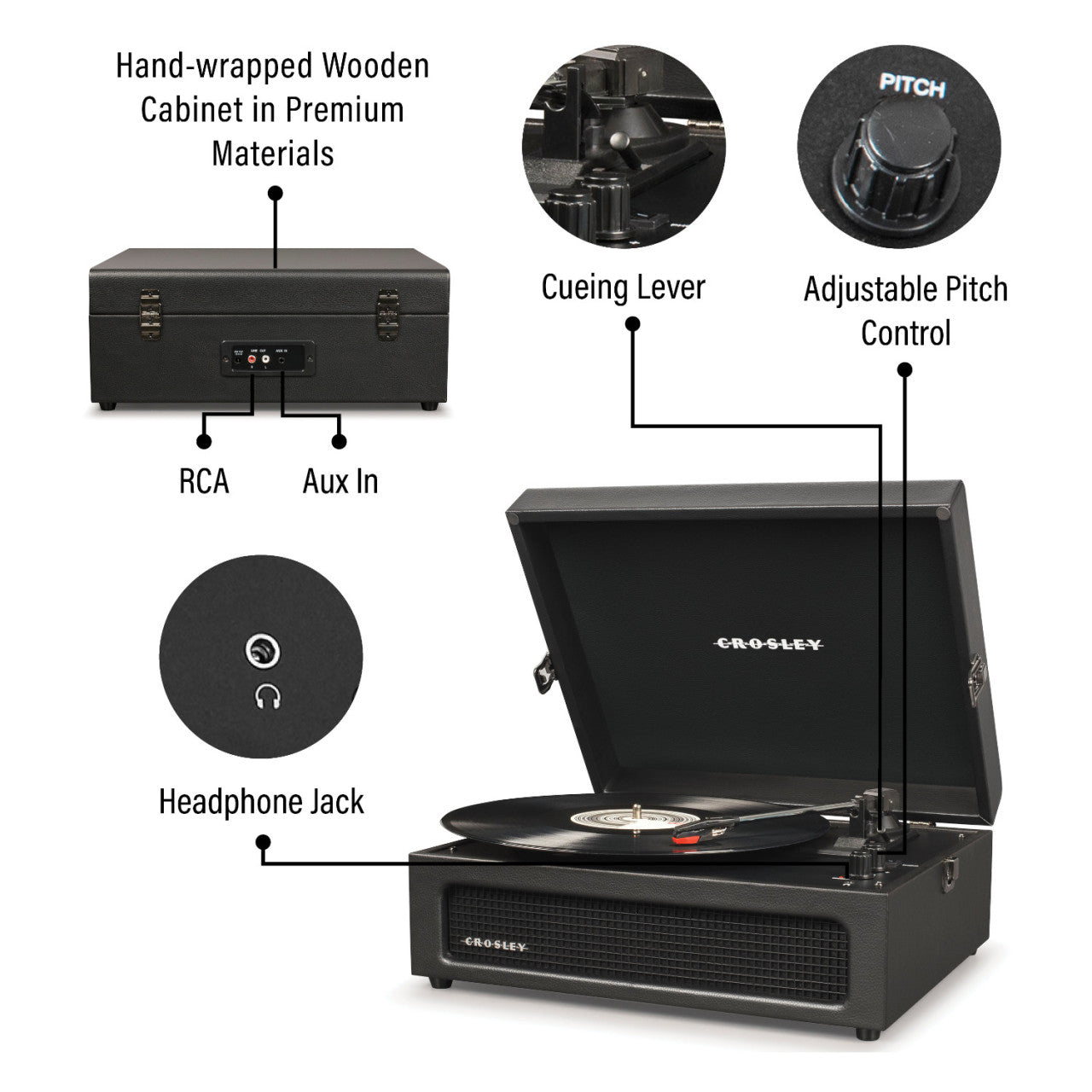 Crosley Bluetooth Voyager Plattenspieler mit 3 Geschwindigkeiten, gekennzeichneten Features wie Cueing Lever, Pitch Control, RCA, Aux In, Kopfhöreranschluss und stilvollem Holzgehäuse – auch als Bluetooth-Lautsprecher nutzbar.