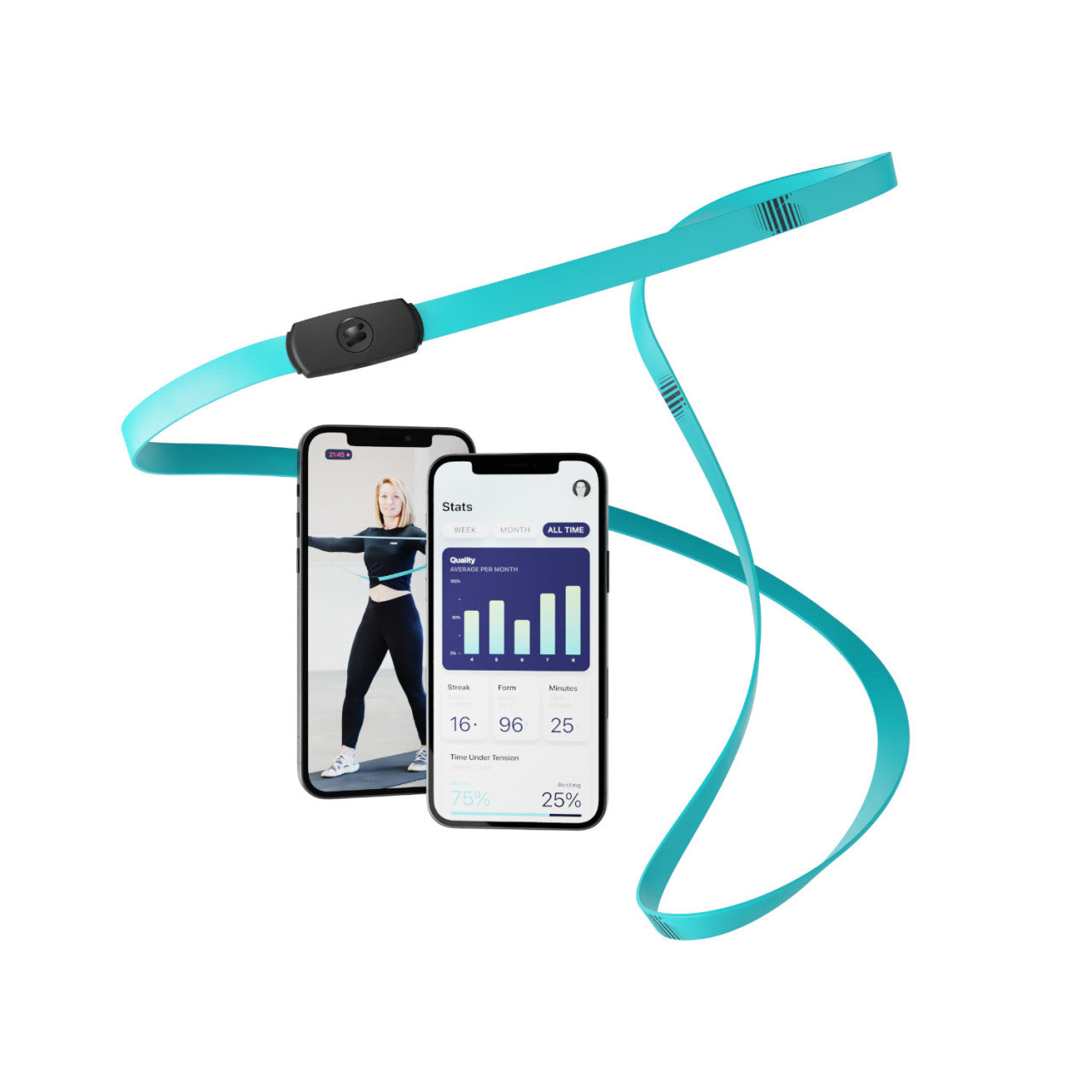 Ein blaugrünes Fitness-Sensorarmband von Sensorsystem und zwei Smartphones zeigen Trainingsstatistiken an und zeigen eine Frau bei funktionellen Fitnessübungen.