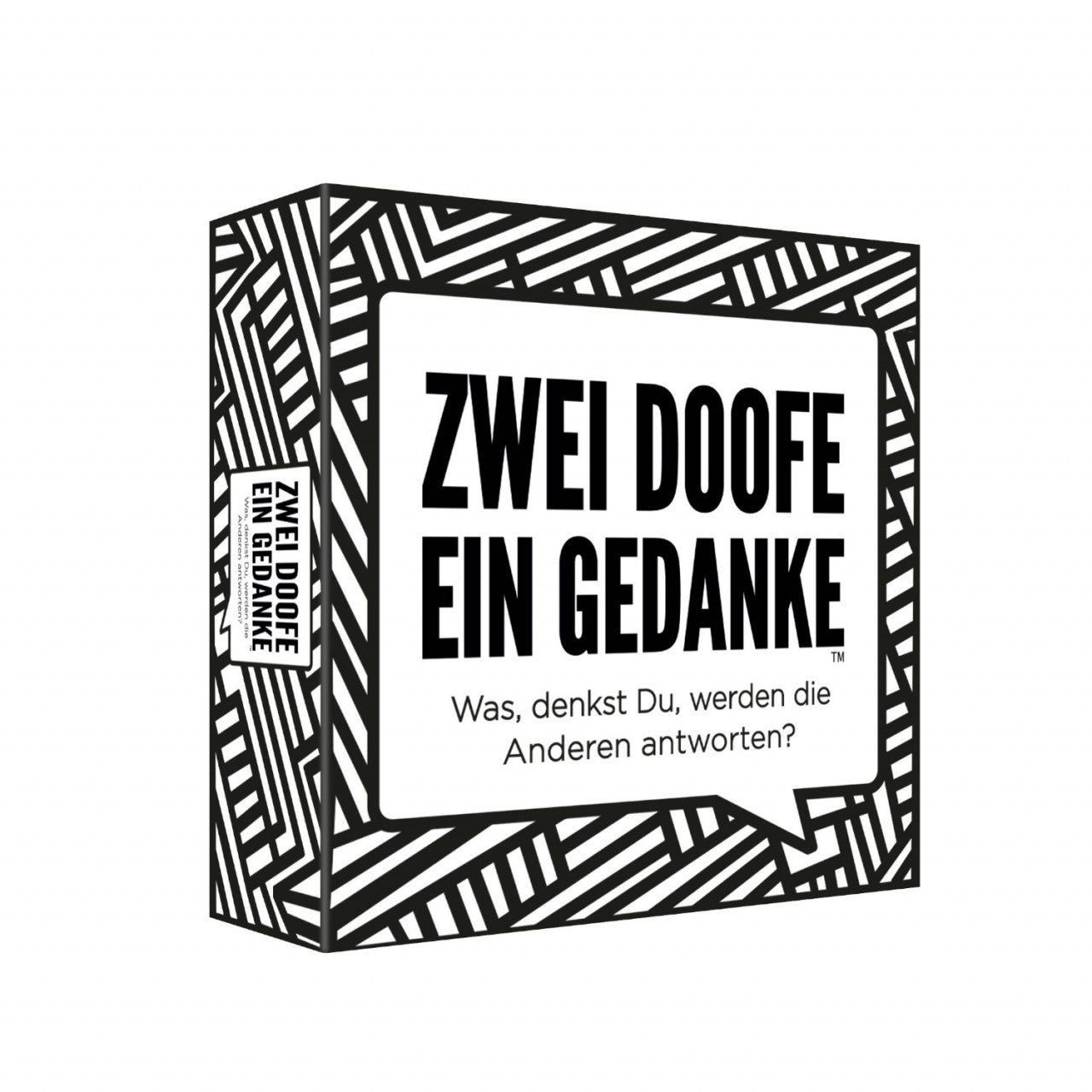 Eine schwarz-weiße Spielbox mit dem Text „Zwei Doofe, ein Gedanke“, einem geometrischen Muster und dem ganzen Spaß eines lustigen Spiels – perfekt als Partyspiel für Ihre nächste Zusammenkunft.