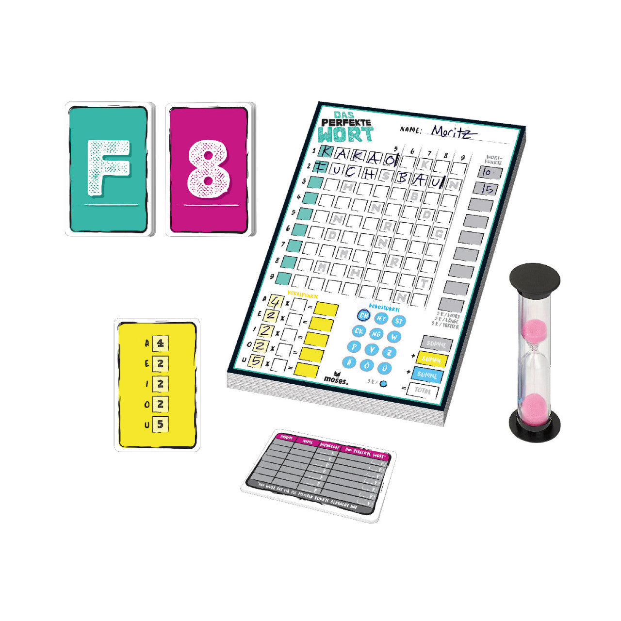 Brettspiel-Material: Ein Punktebogen, Karten mit Buchstaben und Zahlen für das Wortspiel, eine gelbe Karte, eine Stoppuhr und eine graue Karte – alles, was man für den Buchstabenakrobaten-Spaß braucht!.