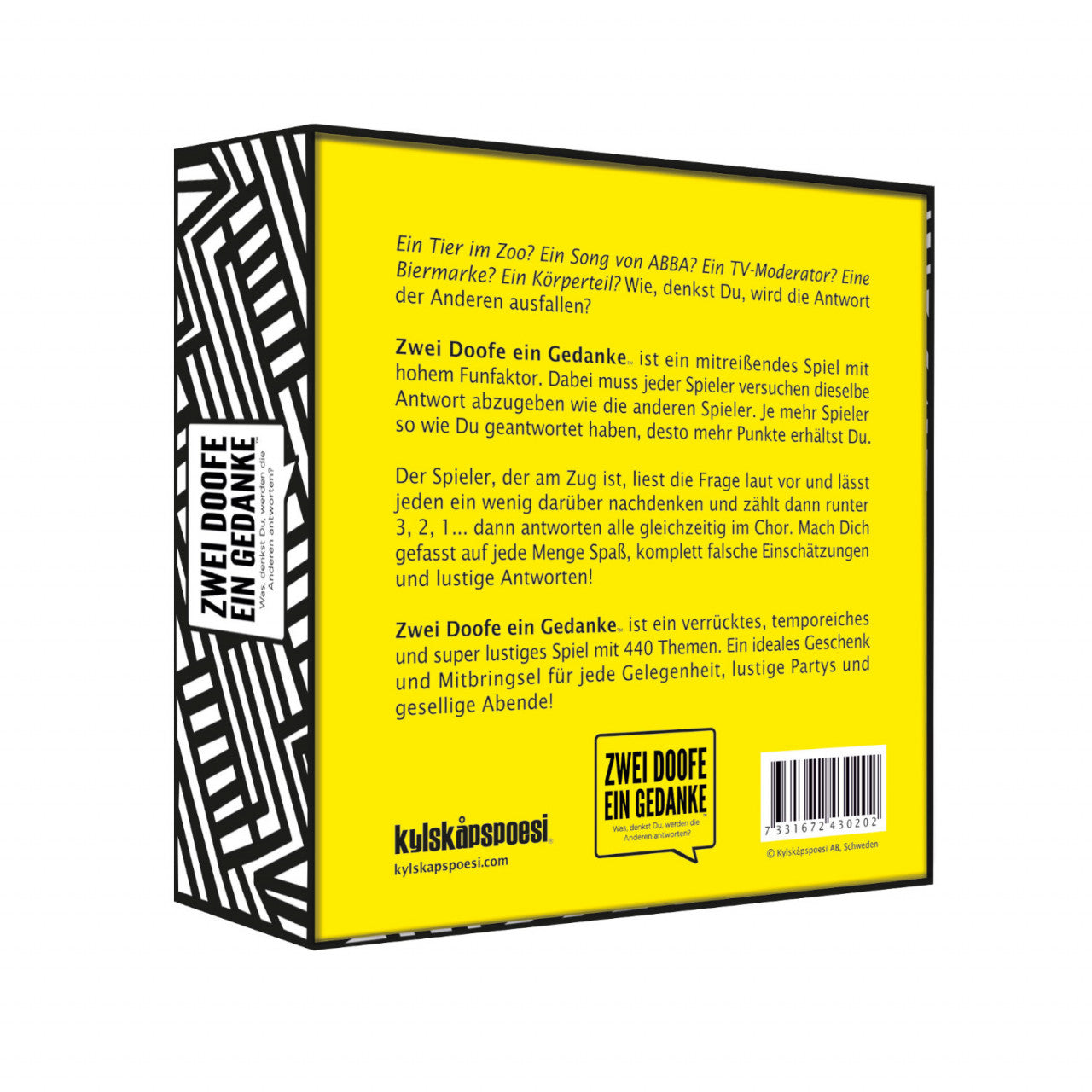 Eine gelb-schwarze Partyspiel-Box mit dem Titel „Zwei Doofe ein Gedanke“ und deutschem Text auf der Rückseite verspricht ein lustiges Spiel für Ihr nächstes Treffen.
