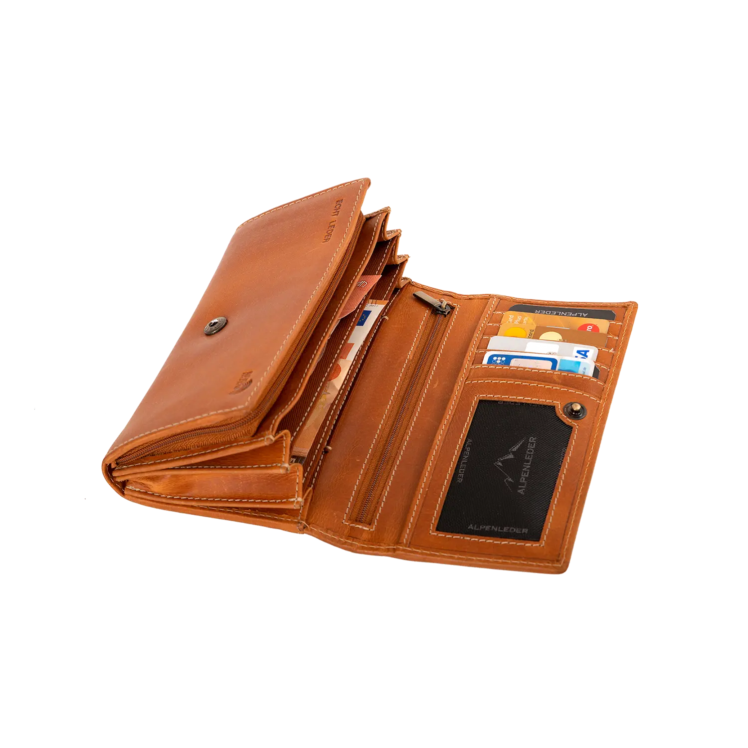 Der Geldbeutel für Damen aus Leder ist offen und zeigt mehrere Kartenfächer, ein transparentes ID-Fenster, Fächer für Bargeld sowie einen RFID-Schutz. Ein Druckknopfverschluss und ein Reißverschlussfach sind integriert.