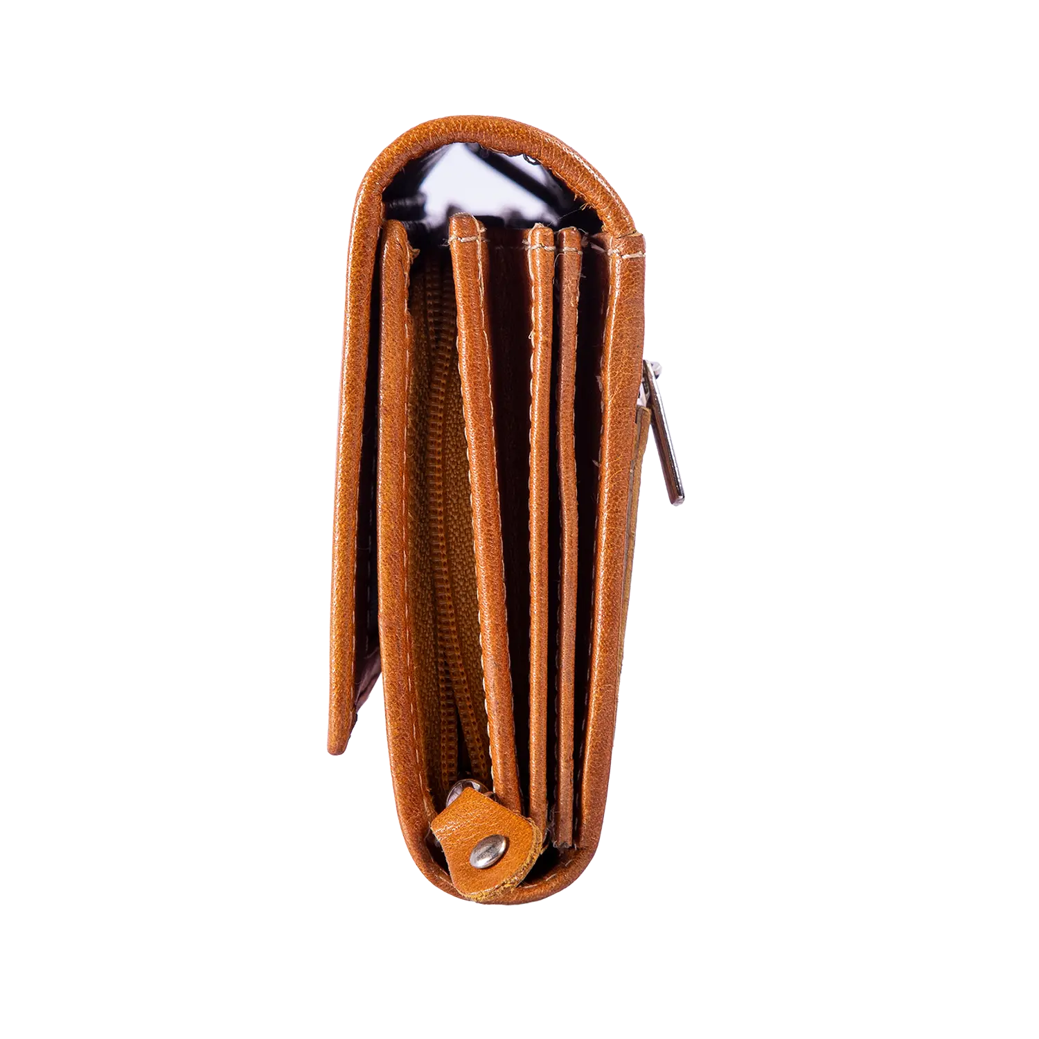 Der Geldbeutel für Damen aus Leder steht aufrecht, seitlich gezeigt, mit mehreren Fächern, Reißverschlussfach und sichtbarem Druckknopf unten. Integrierter RFID-Schutz sorgt für Datensicherheit. Weißer Hintergrund.