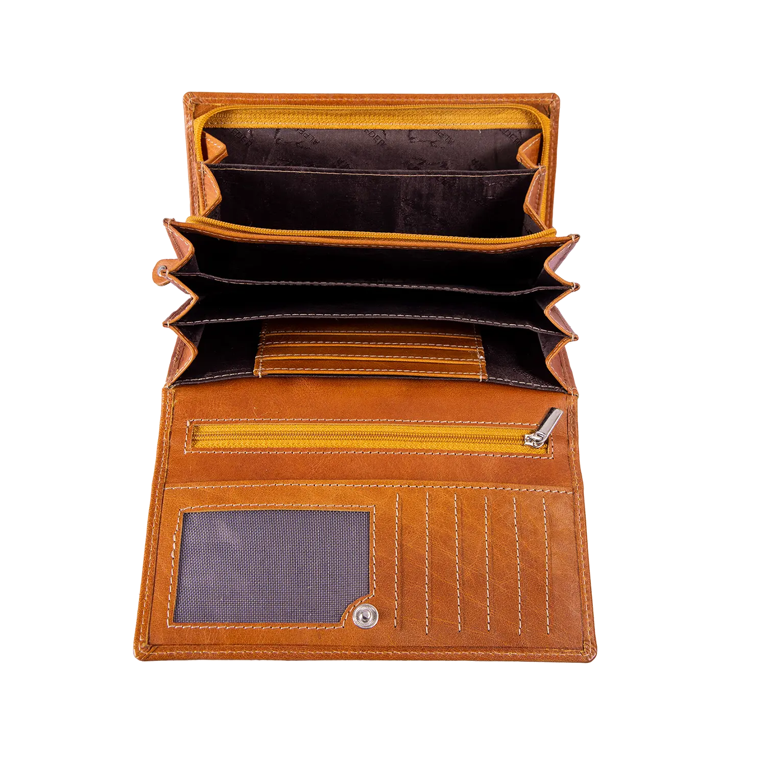 Der Geldbeutel für Damen aus Leder in Braun ist offen und zeigt mehrere Fächer, Kartenschlitze, ein Reißverschlussfach sowie ein transparentes ID-Fenster – das ideale Accessoire mit praktischem Design.