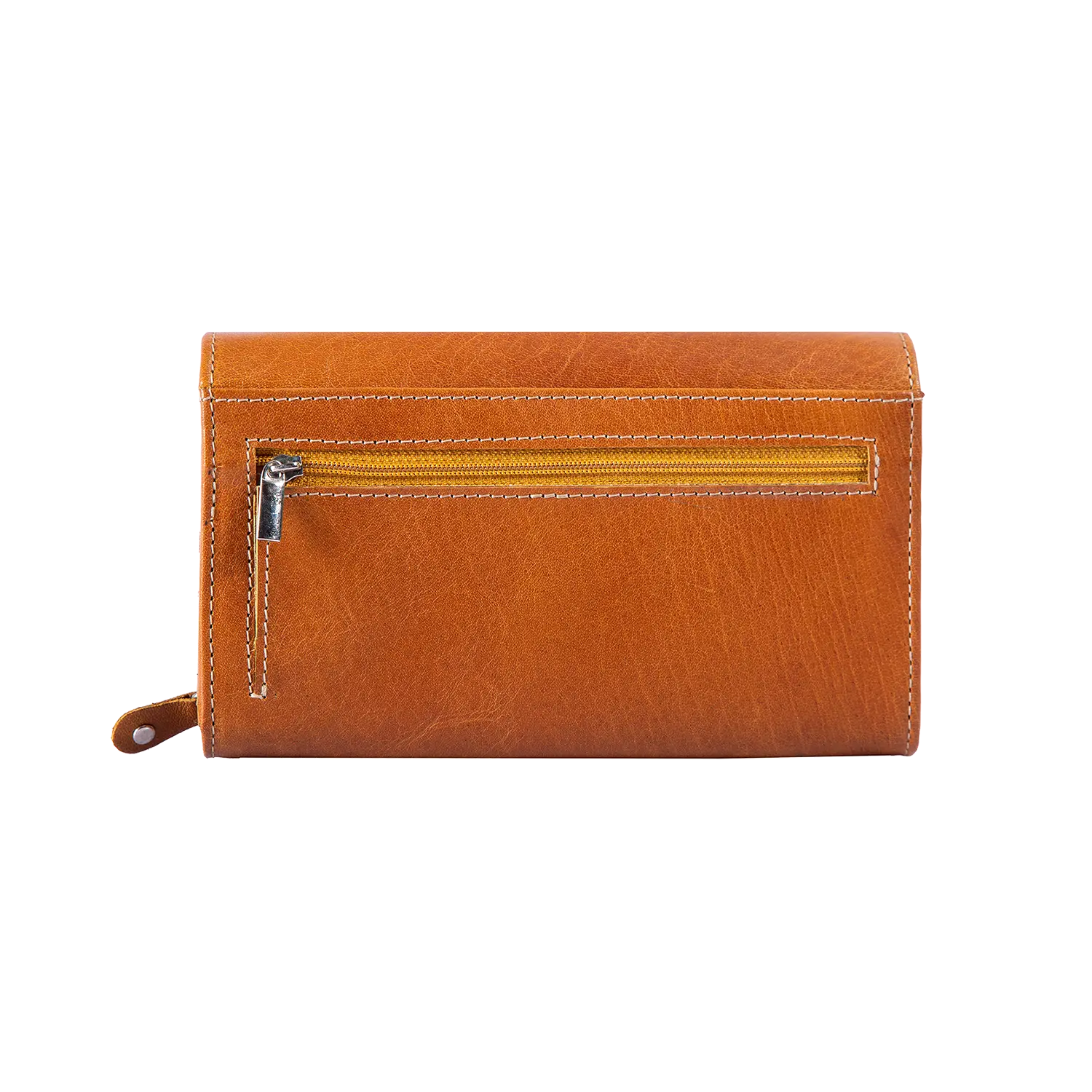 Der Geldbeutel für Damen aus Leder überzeugt in Braun mit weißer Naht, vorderem Reißverschlussfach und kleinem Lederband – ein praktisches Accessoire für stilbewusste Frauen.