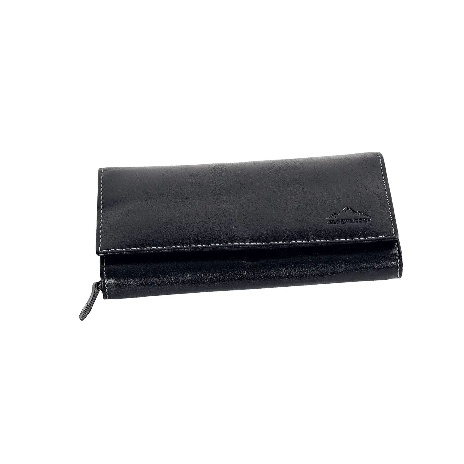Der Geldbeutel für Damen aus Leder ist schwarz mit weißem Naht und Klappverschluss, verziert mit kleinem geprägtem Berglogo und bietet praktischen RFID-Schutz – ein stilvoller und sicherer Begleiter.