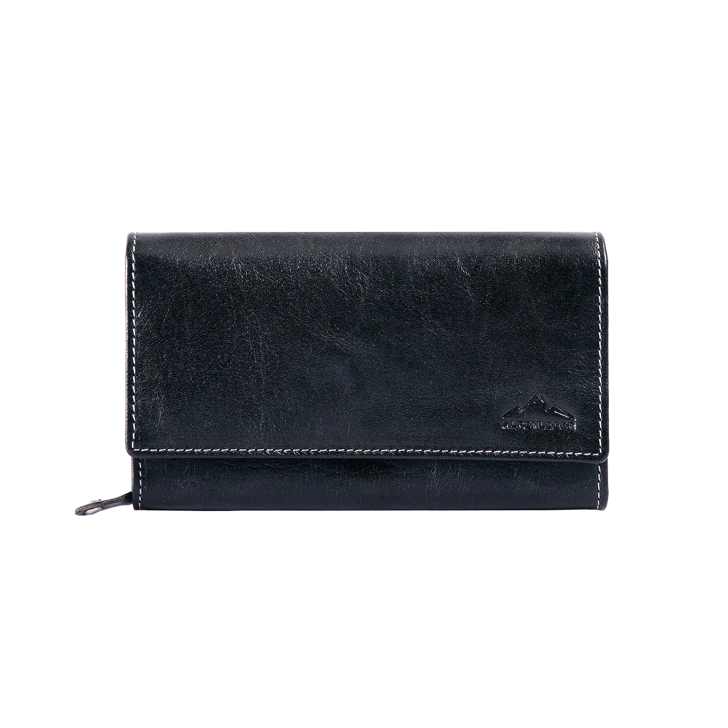 Der Geldbeutel für Damen aus Leder ist schwarz mit weißer Naht und kleinem geprägtem Berglogo unten rechts. Geschlossen auf weißem Hintergrund dargestellt. Mit modernem RFID-Schutz für zusätzliche Sicherheit.
