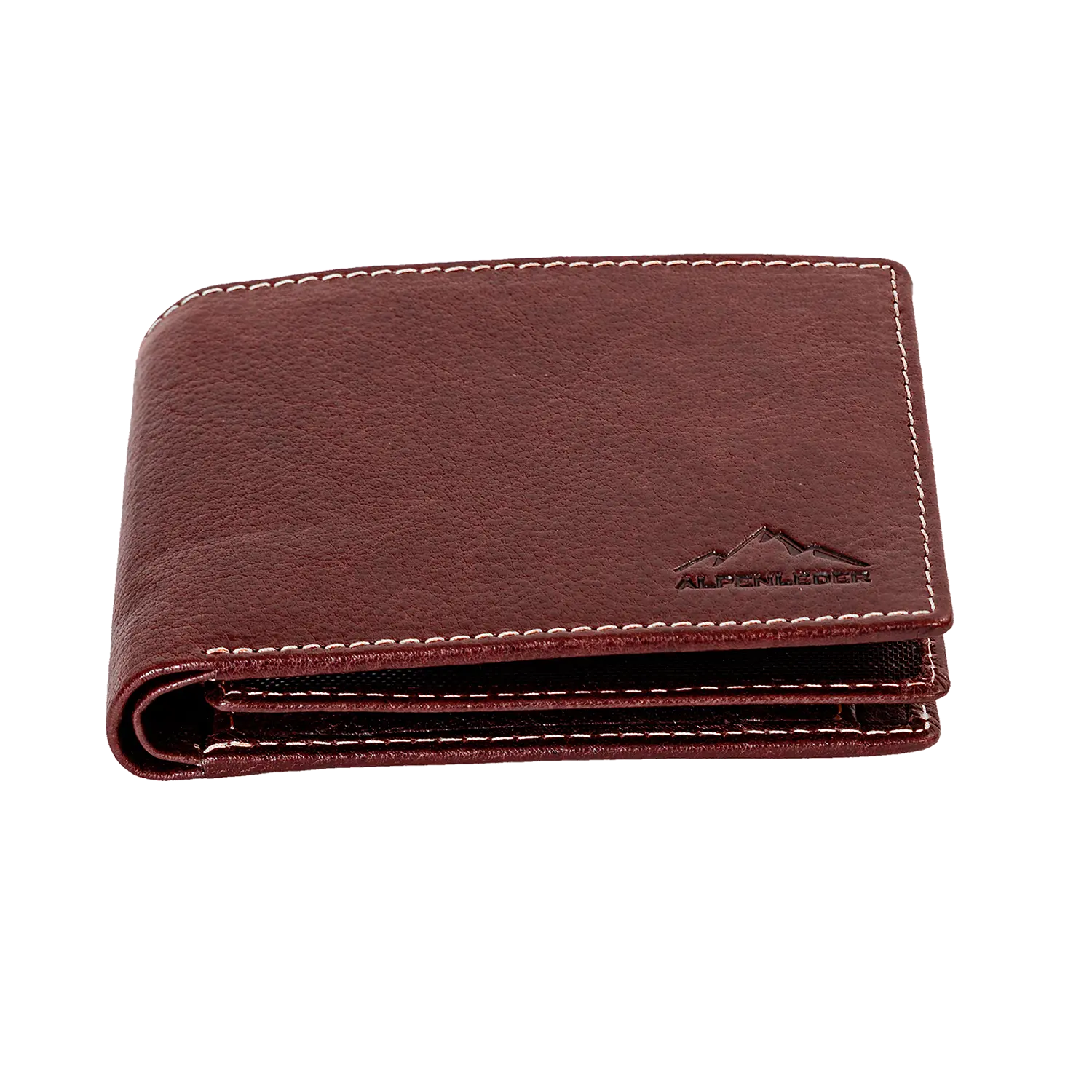 Herren Geldbeutel AMBRAS aus braunem Leder, weiße Nähte, RFID, Berg-Logo.
